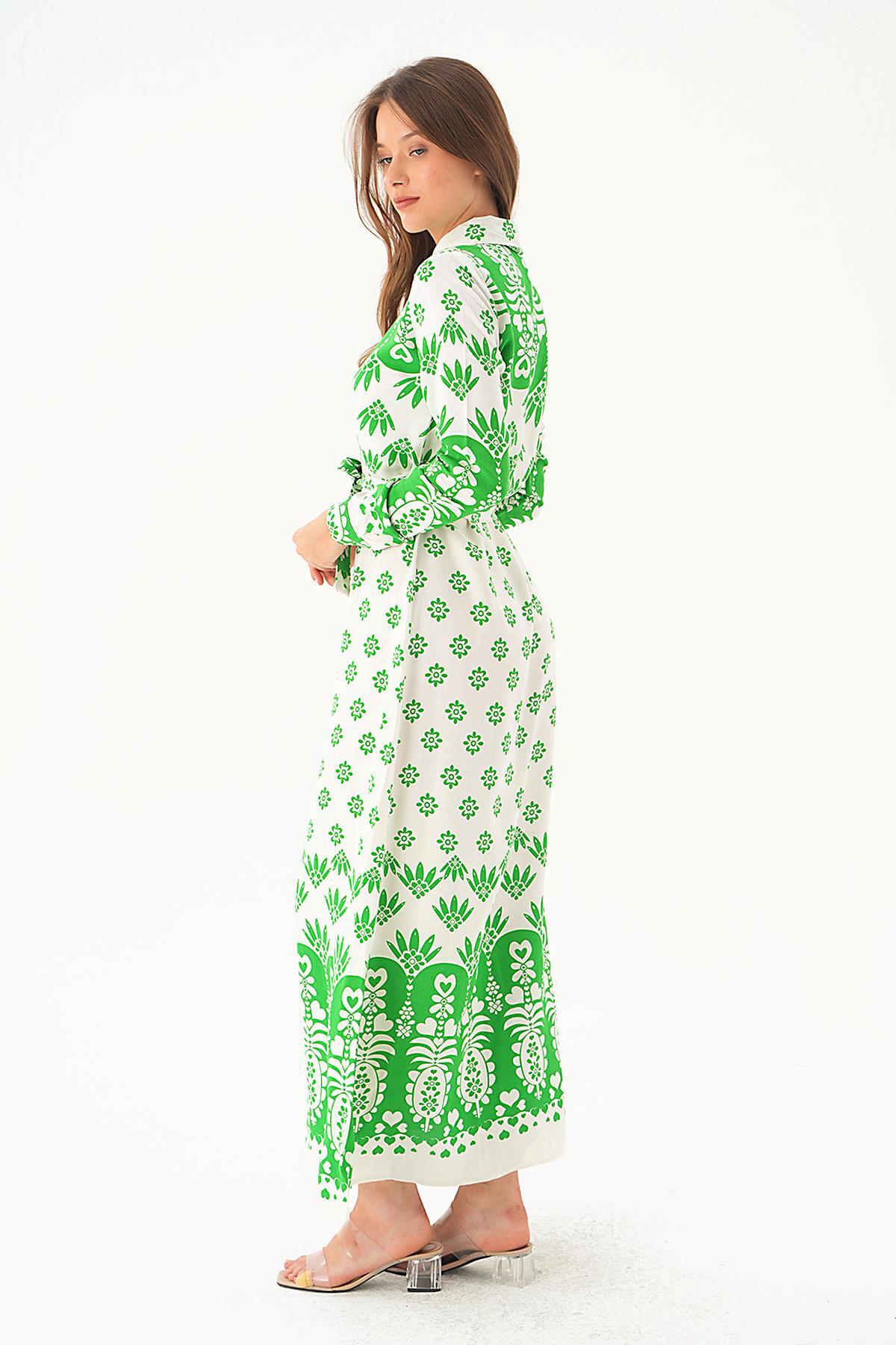 Yeşil Bel Bağlama Detay Desenli Elbise 2683 - 2