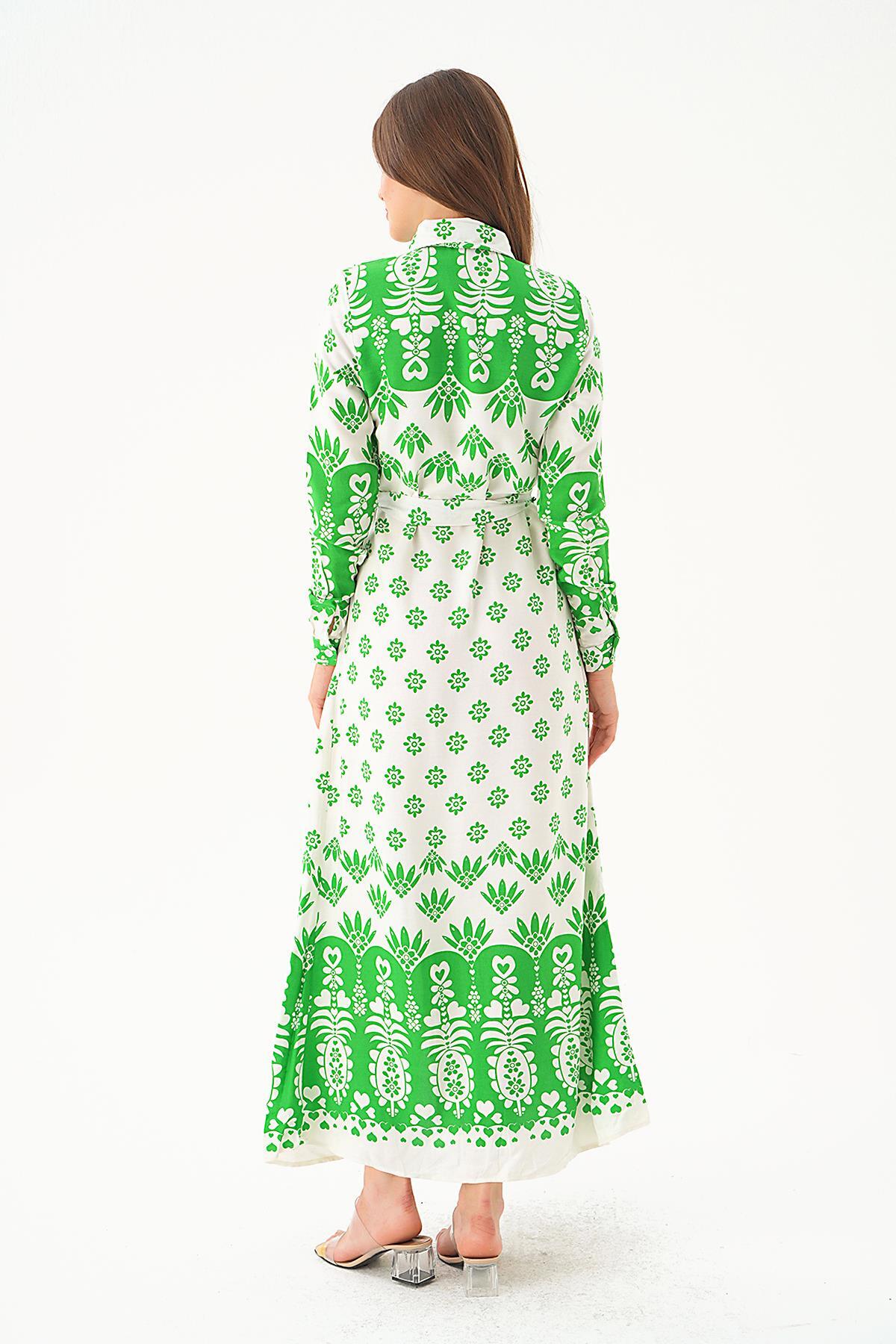 Yeşil Bel Bağlama Detay Desenli Elbise 2683 - 3