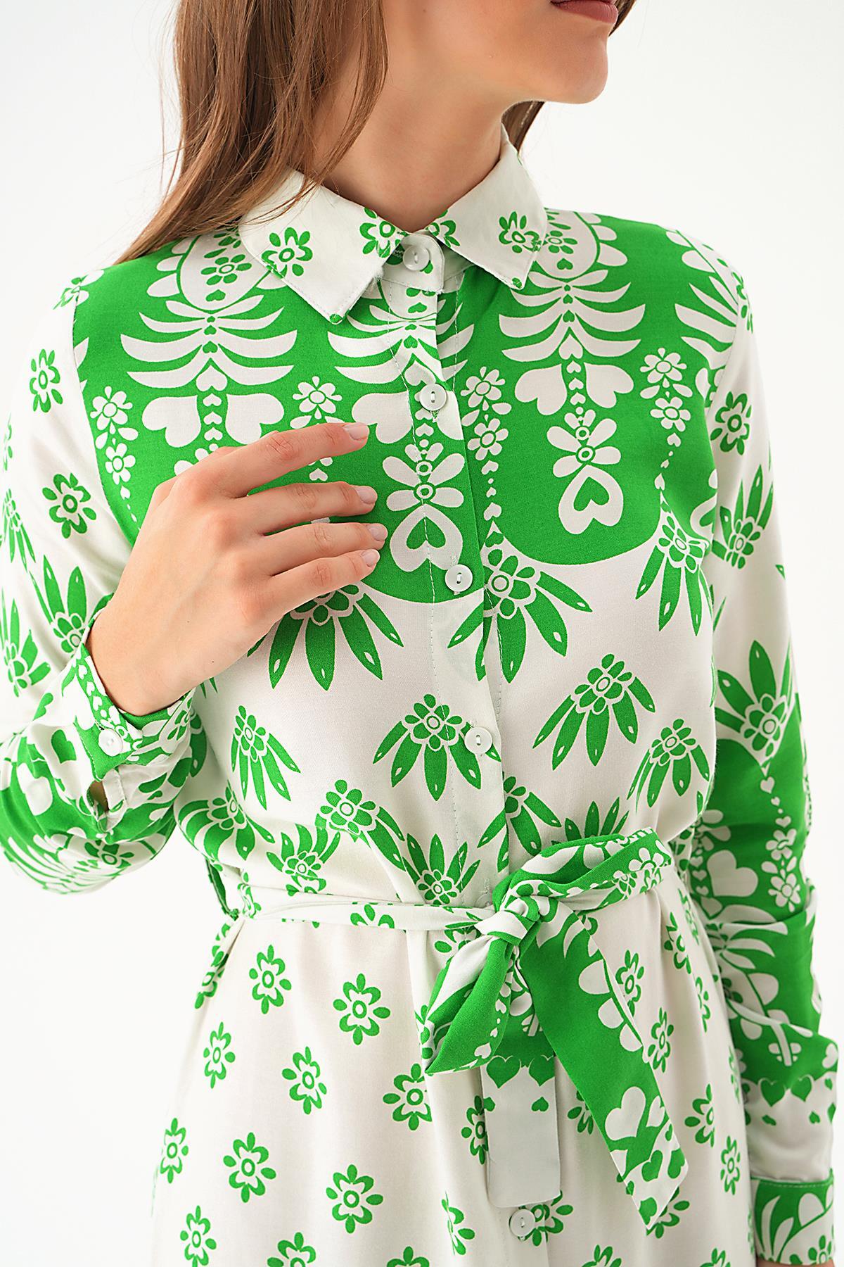 Yeşil Bel Bağlama Detay Desenli Elbise 2683 - 4