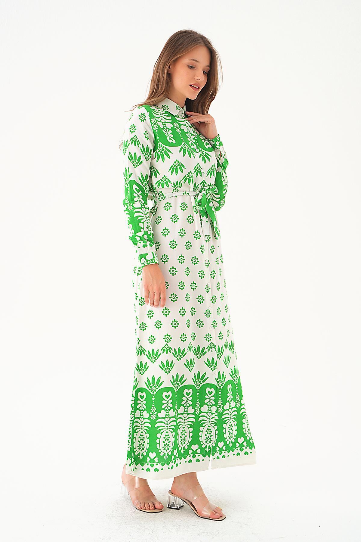 Yeşil Bel Bağlama Detay Desenli Elbise 2683 - 5