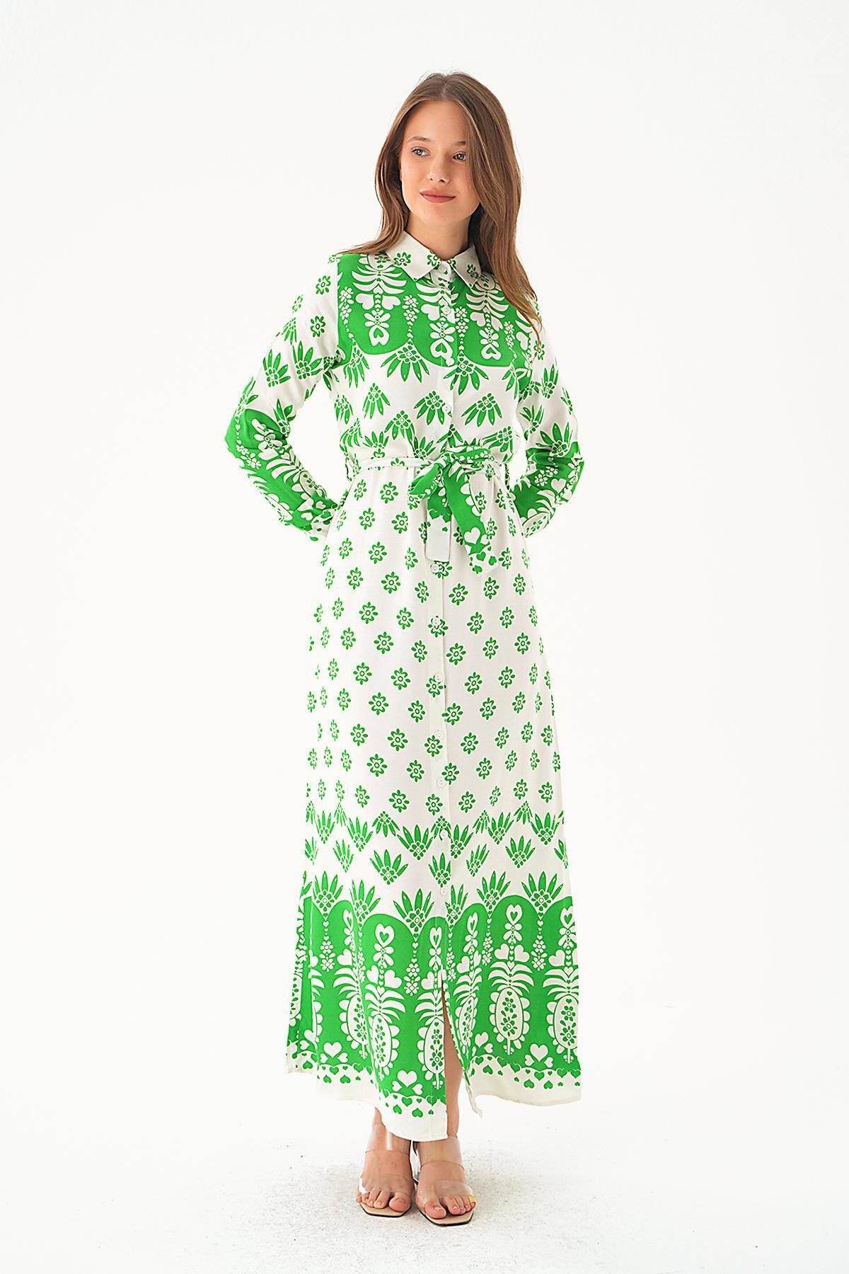 Yeşil Bel Bağlama Detay Desenli Elbise 2683 - 6