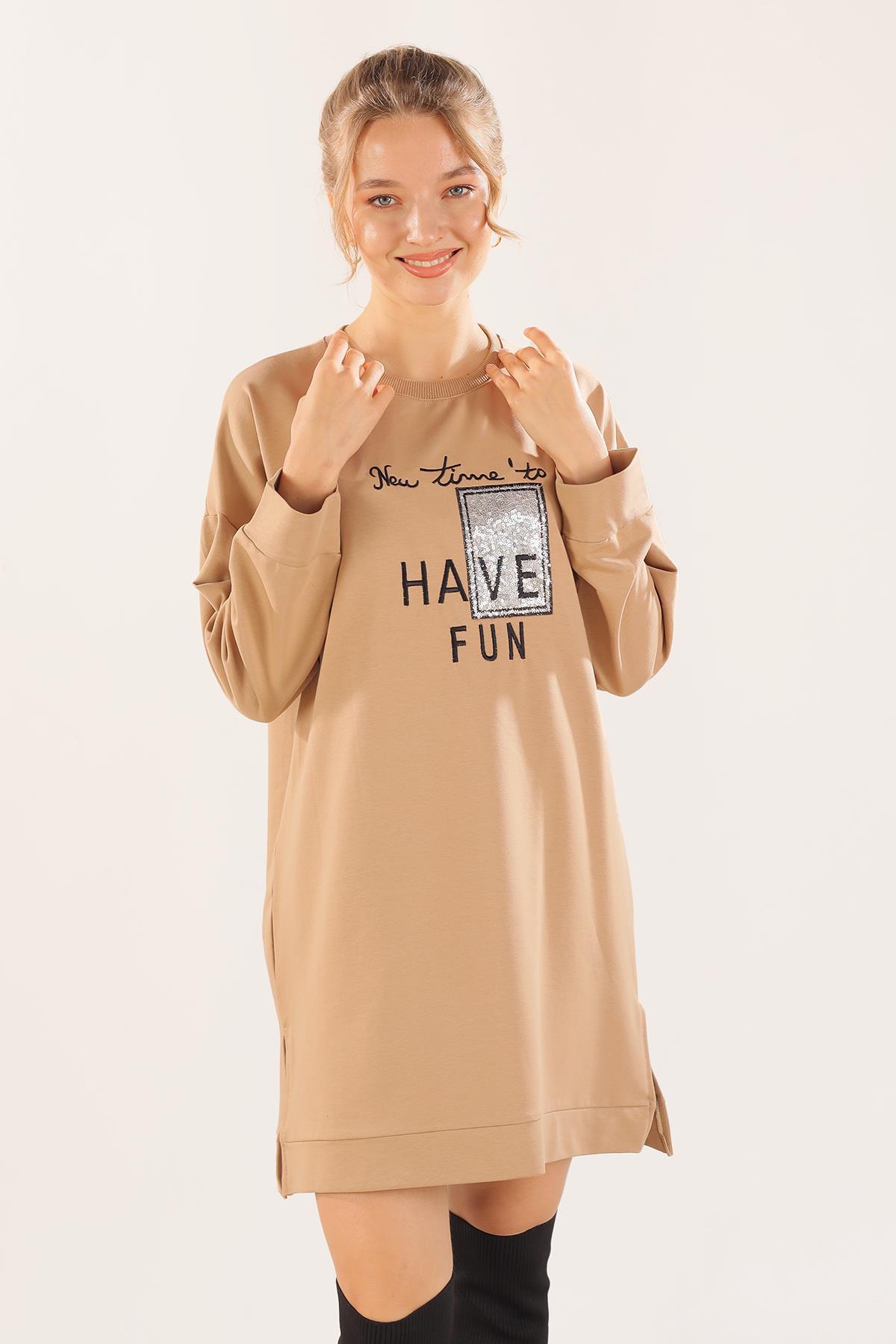 3437 Yazı Baskılı Sweat Bej - 2