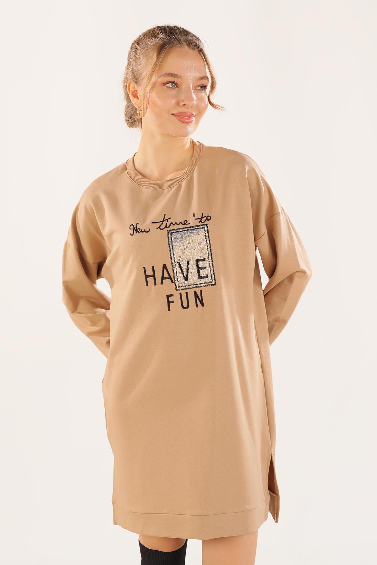 Bej Yazı Baskılı Sweat 3437 - 1