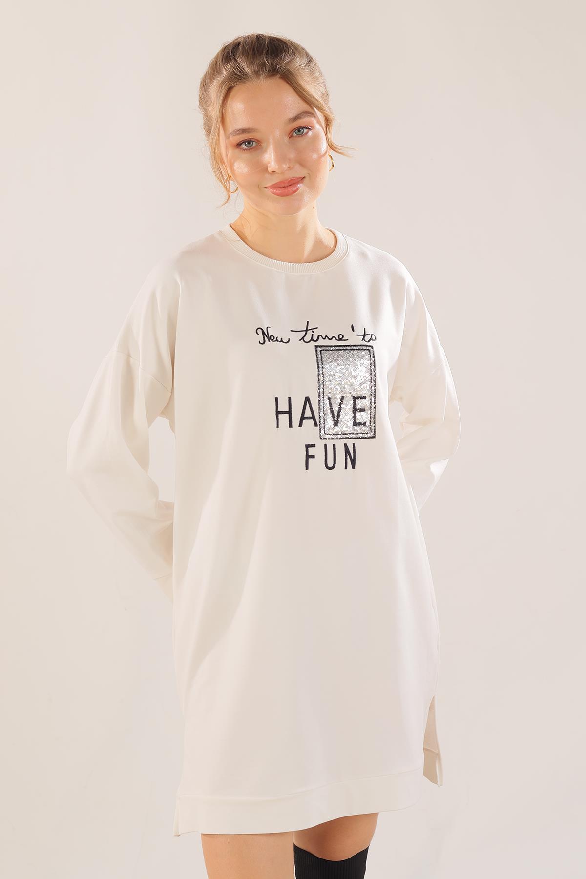 3437 Yazı Baskılı Sweat Beyaz 