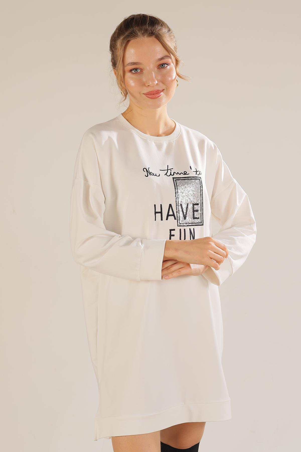 3437 Yazı Baskılı Sweat Beyaz - 3