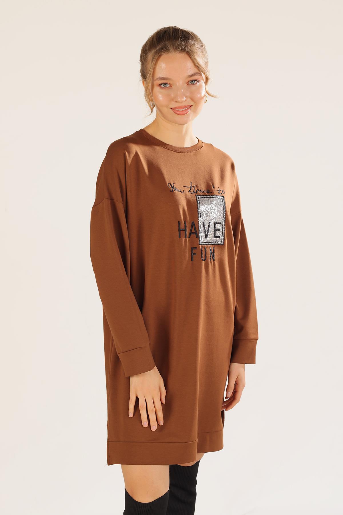 Kahve Yazı Baskılı Sweat 3437 - 1