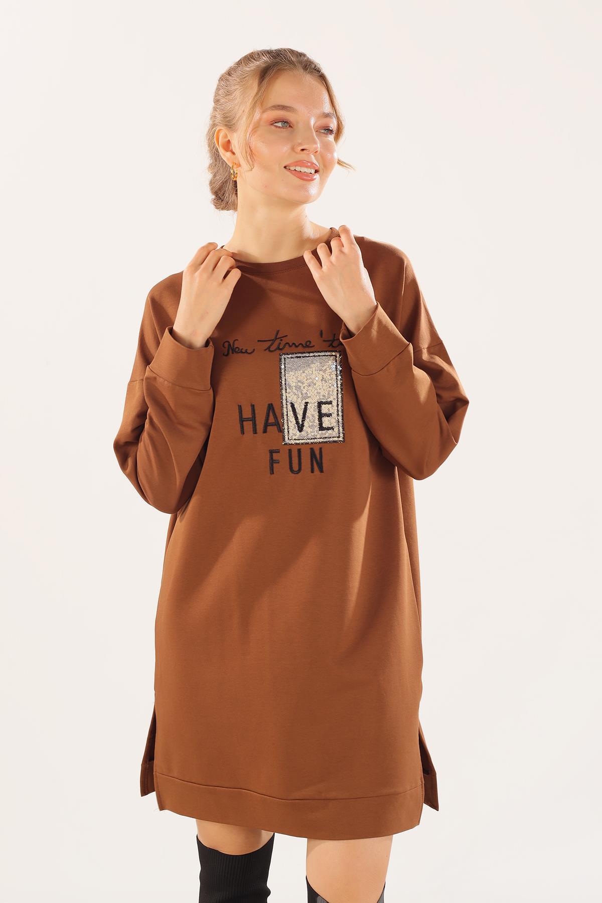 3437 Yazı Baskılı Sweat Kahve - 2