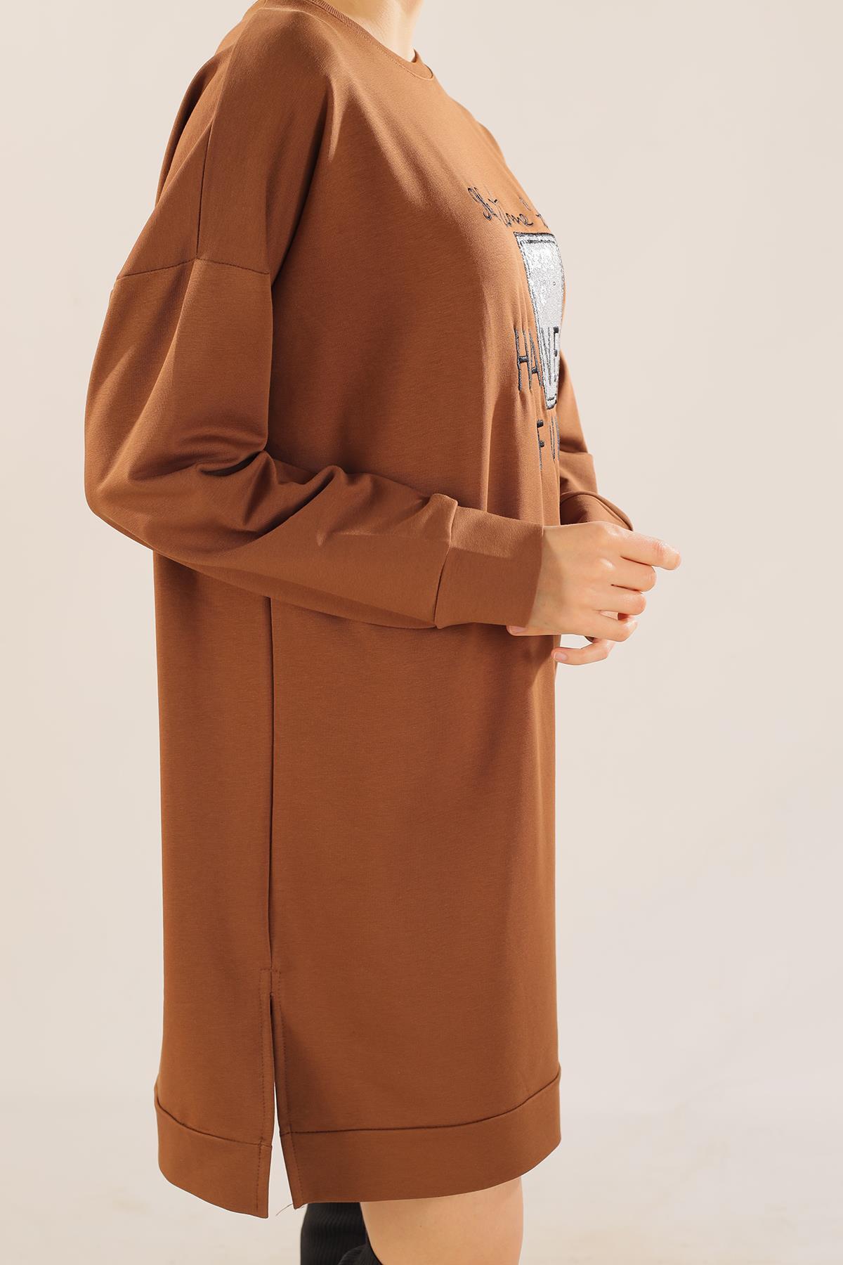 3437 Yazı Baskılı Sweat Kahve - 4