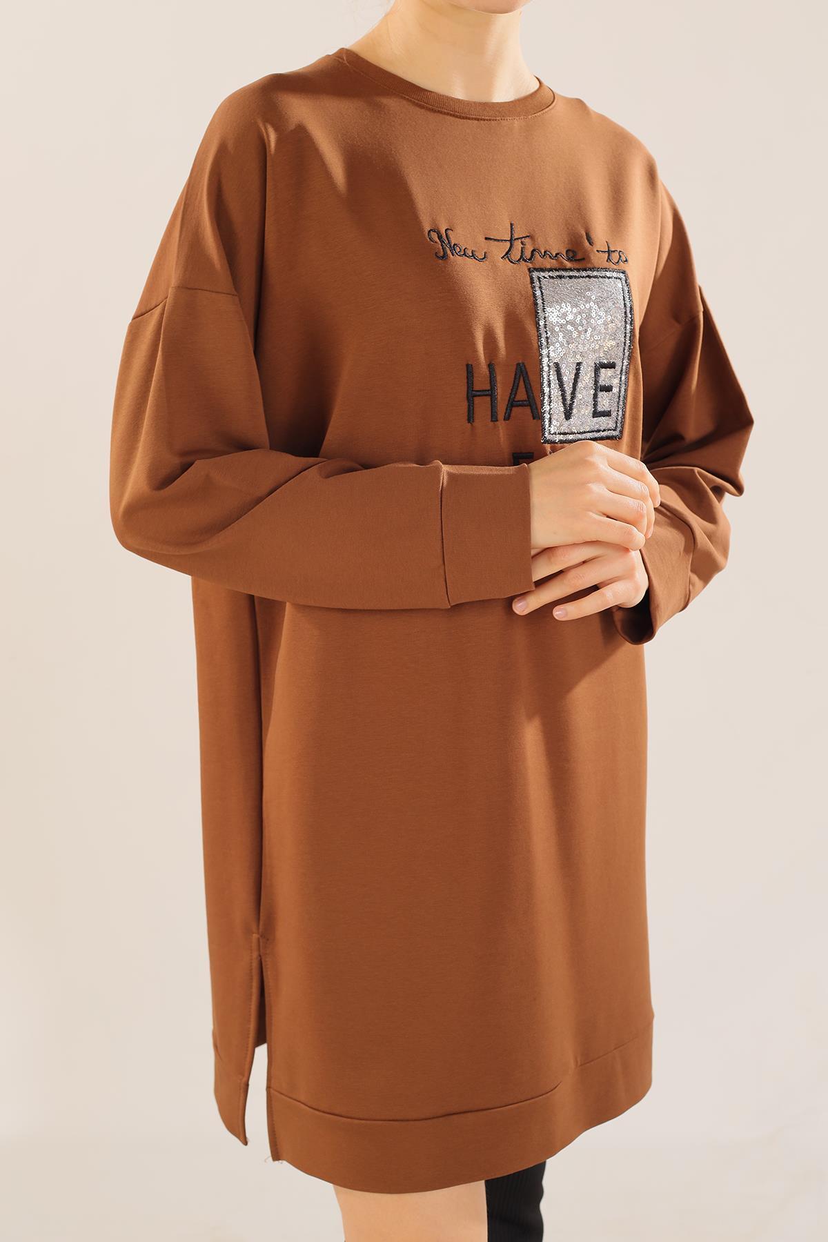 Kahve Yazı Baskılı Sweat 3437 - 3