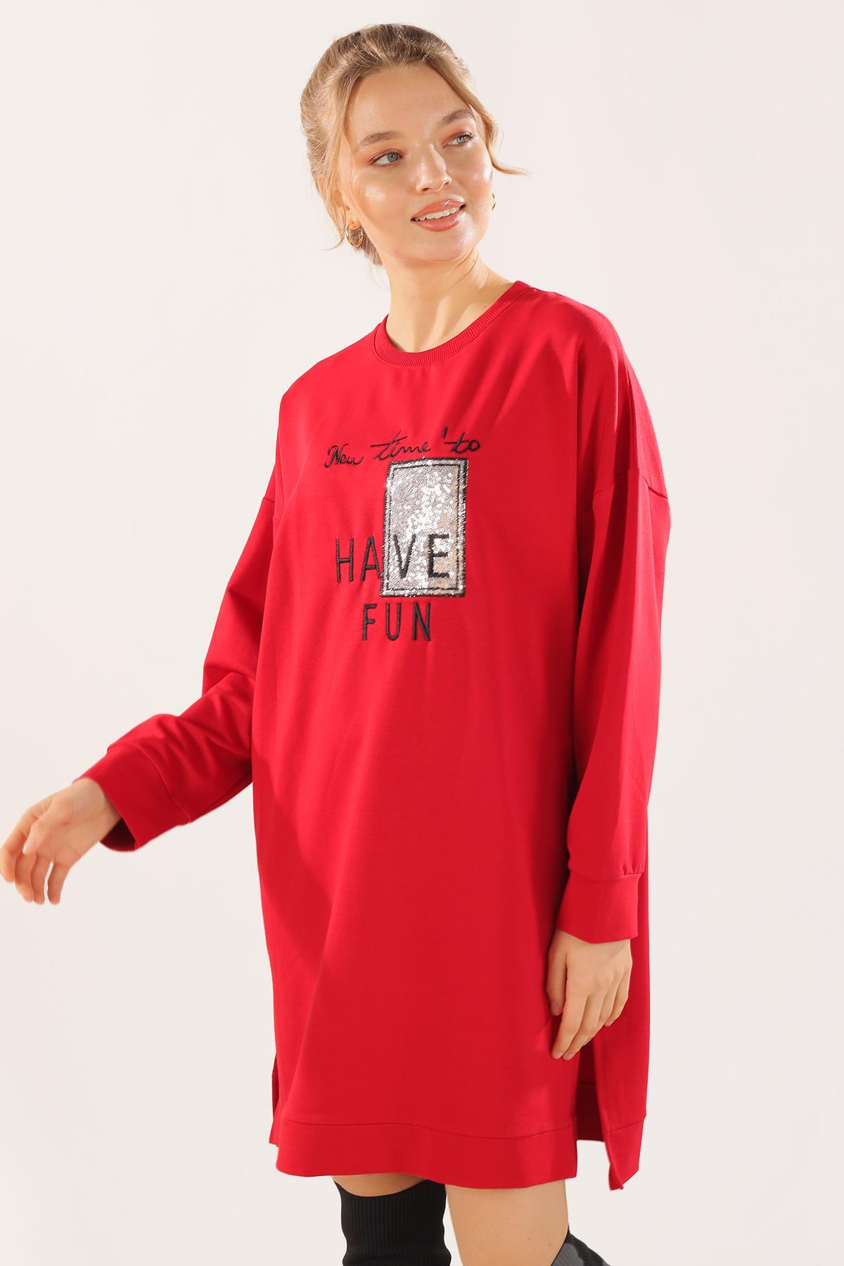 3437 Yazı Baskılı Sweat Kırmızı - 1