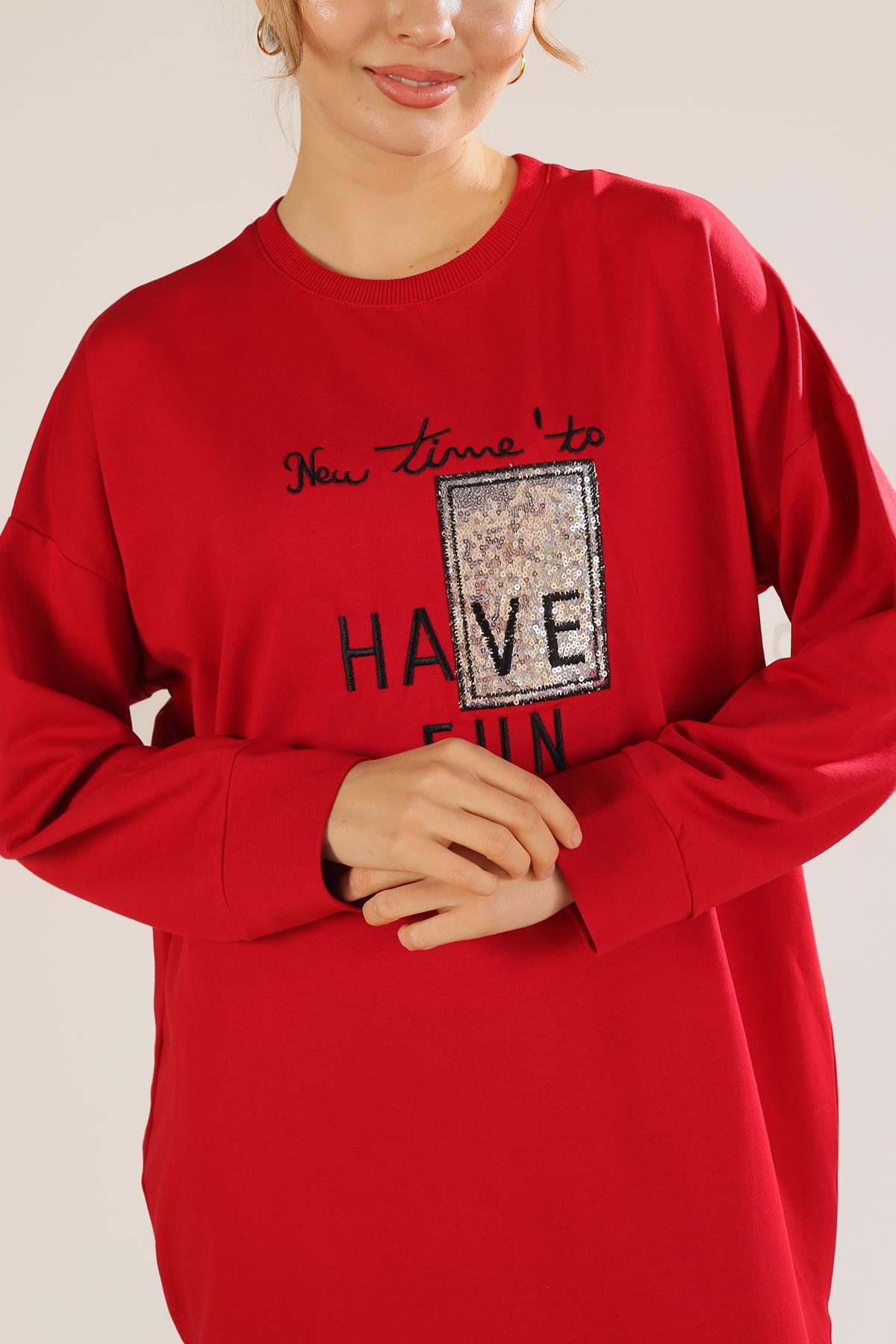 Kırmızı Yazı Baskılı Sweat 3437 - 2