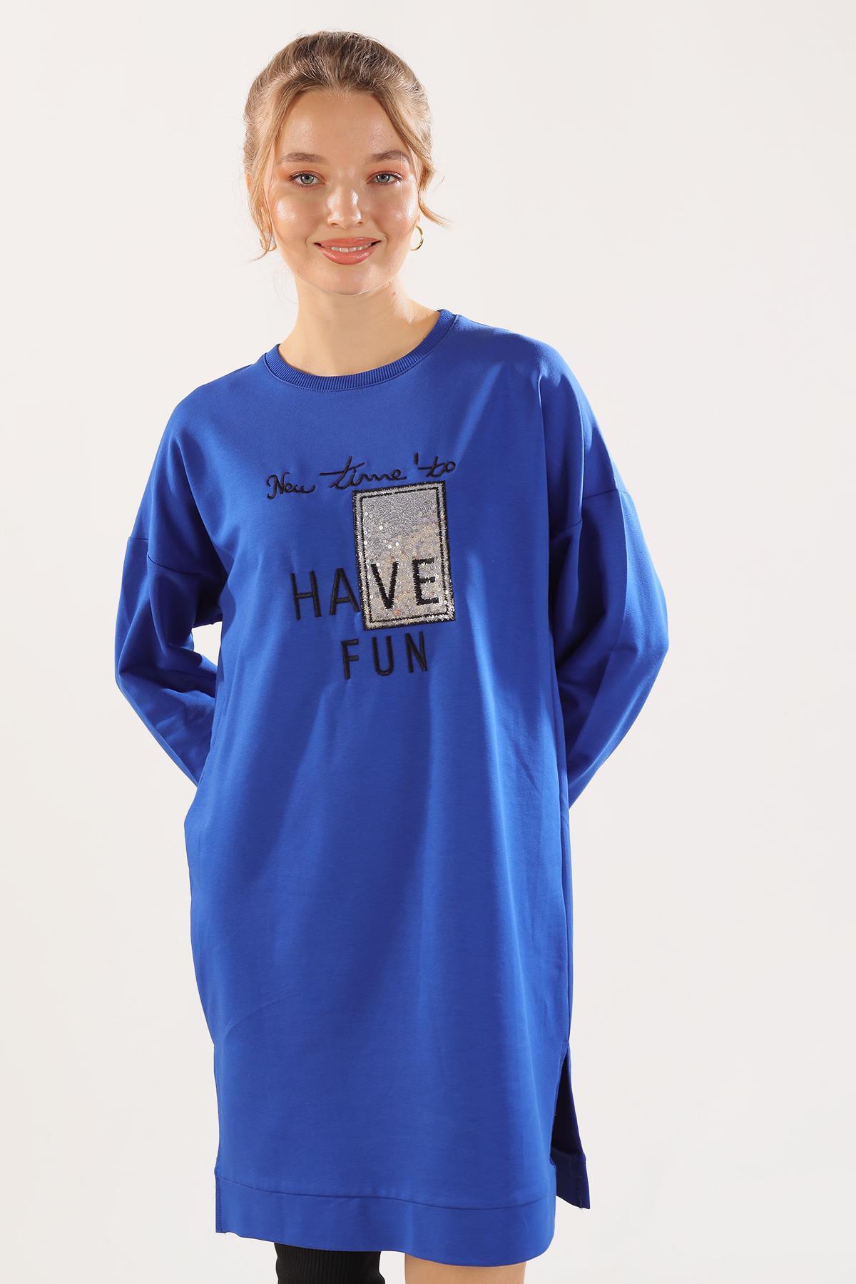 3437 Yazı Baskılı Sweat Saks - 1