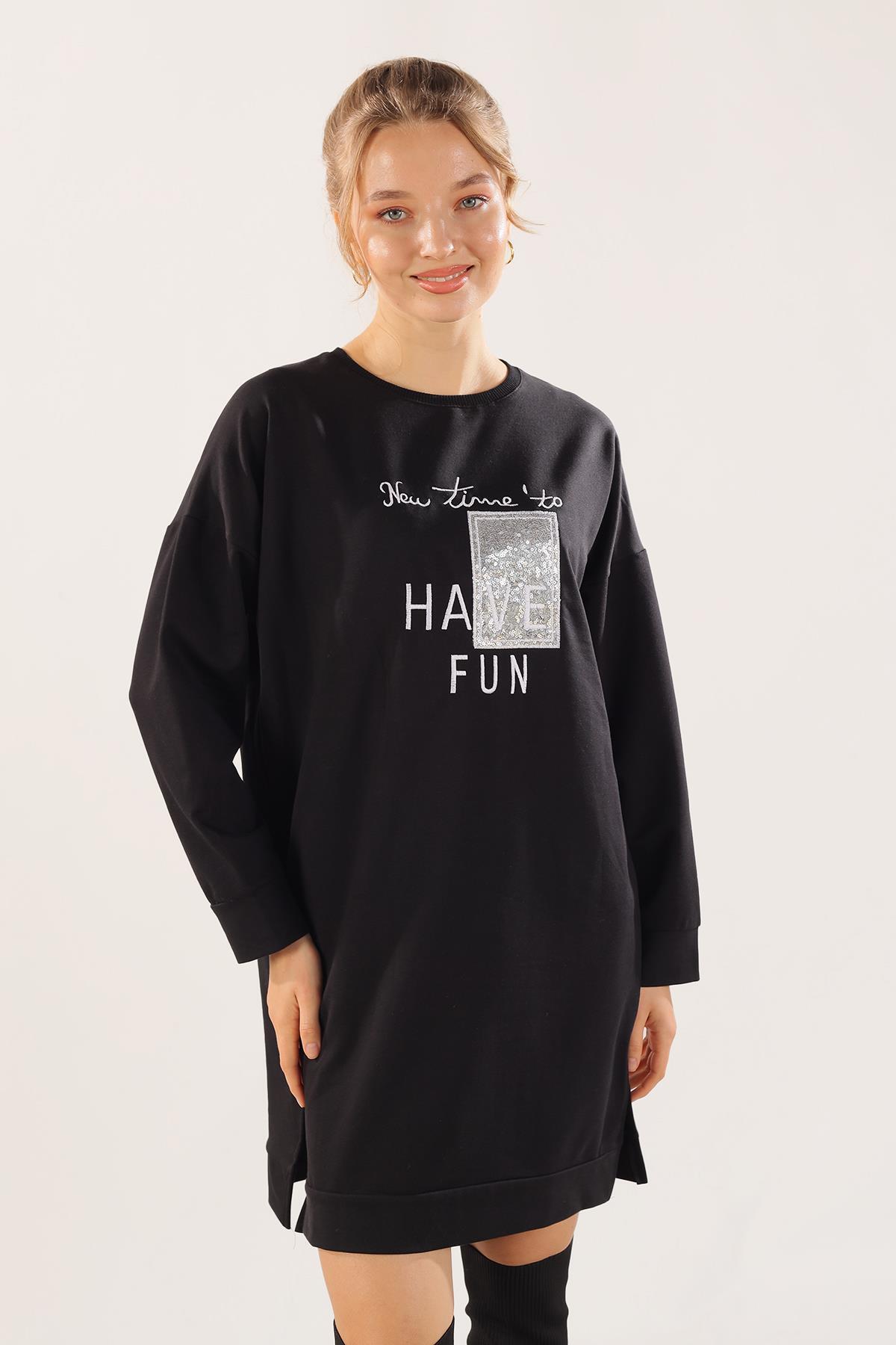 3437 Yazı Baskılı Sweat Siyah 