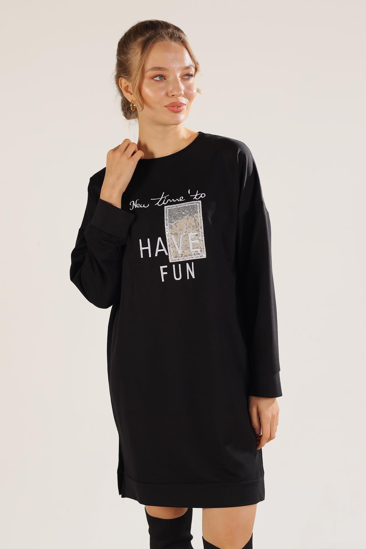 3437 Yazı Baskılı Sweat Siyah - 2