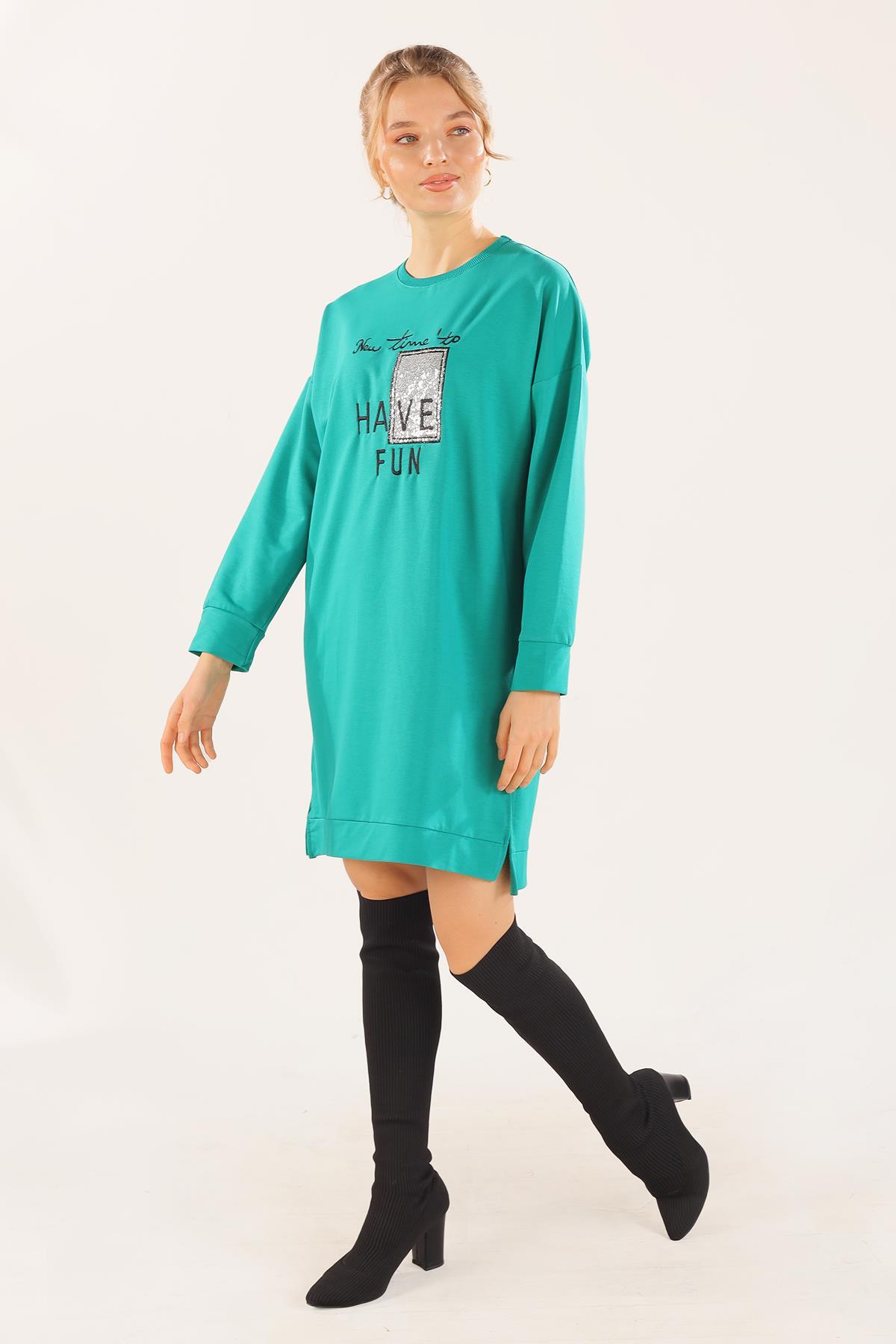 Yeşil Yazı Baskılı Sweat 3437 - 2