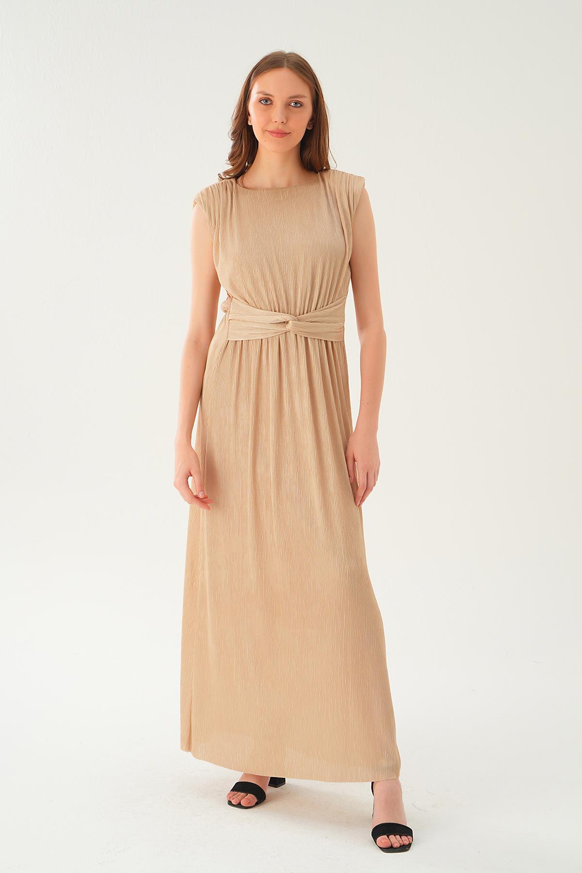 Bej Vatka Detay Uzun Elbise 2693 - 1