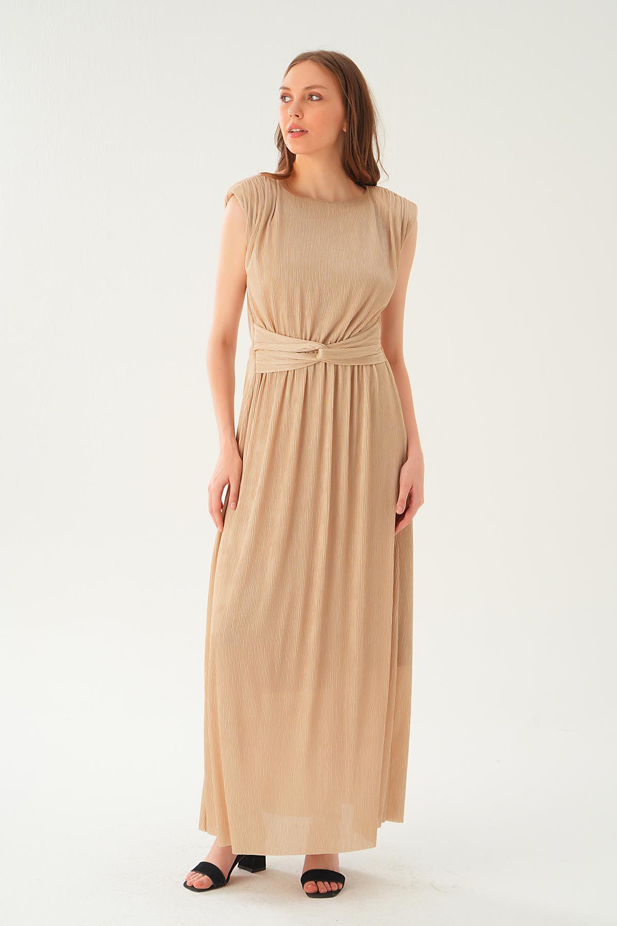 Bej Vatka Detay Uzun Elbise 2693 - 2