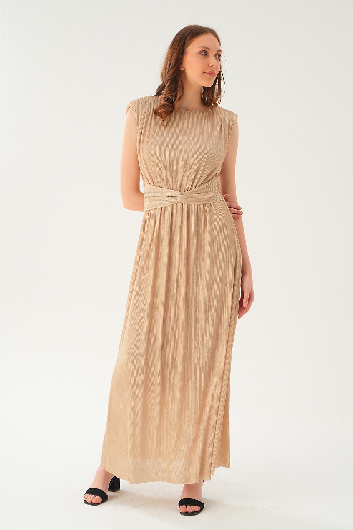 Bej Vatka Detay Uzun Elbise 2693 - 3