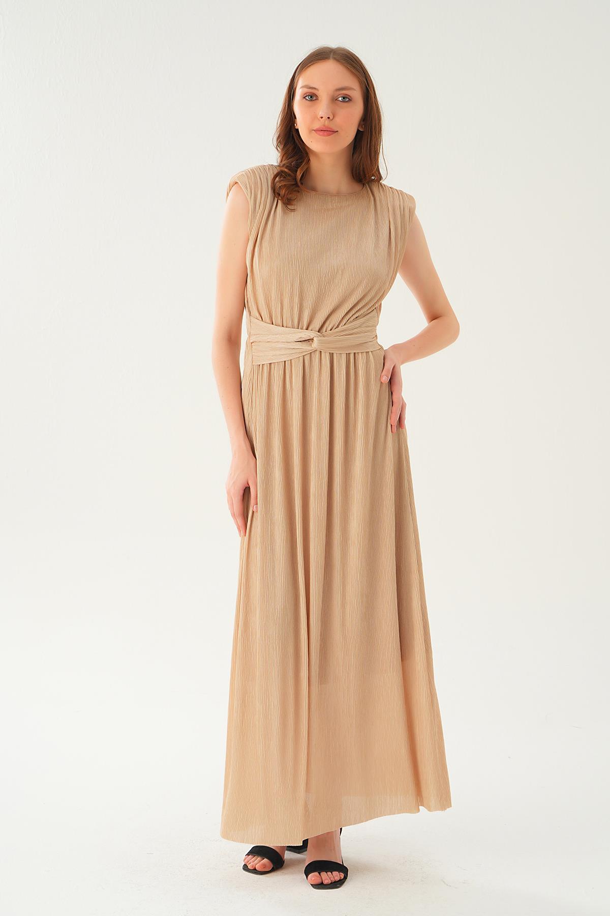 Bej Vatka Detay Uzun Elbise 2693 - 6