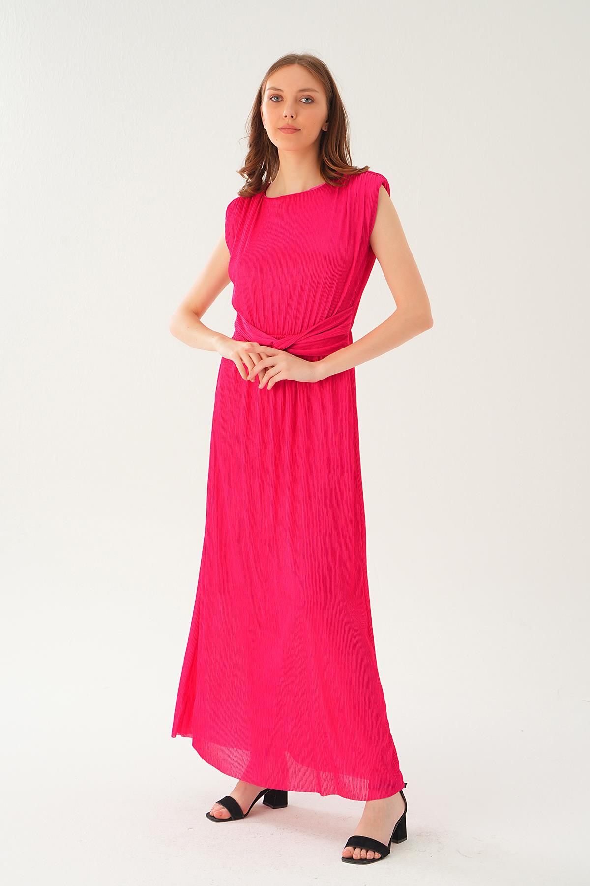 Fuşya Vatka Detay Uzun Elbise 2693 