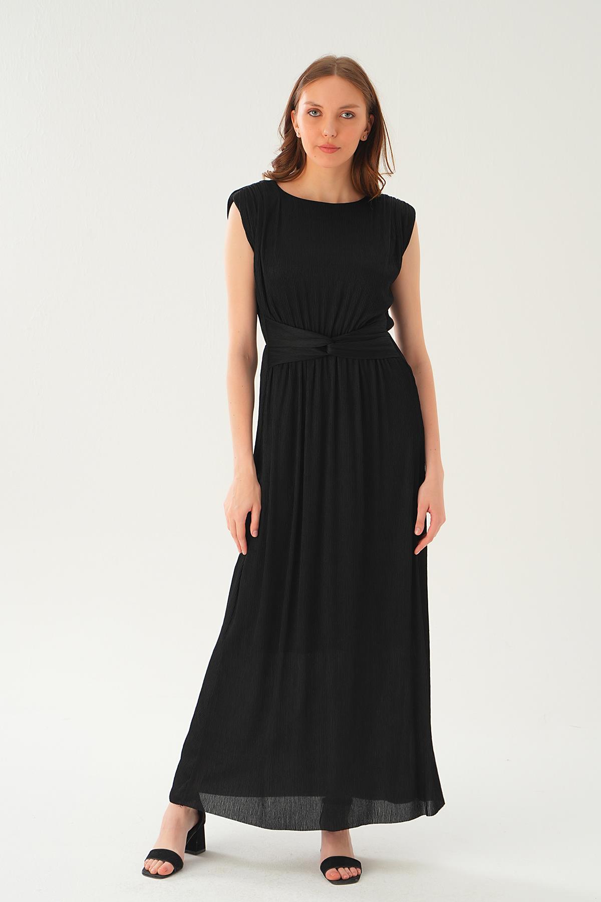 2693 Vatka Detay Uzun Elbise Siyah 