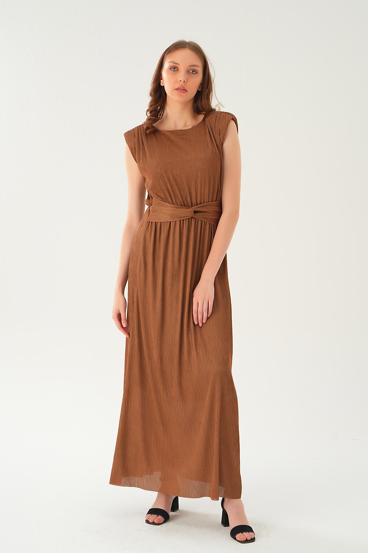 2693 Vatka Detay Uzun Elbise Taba 