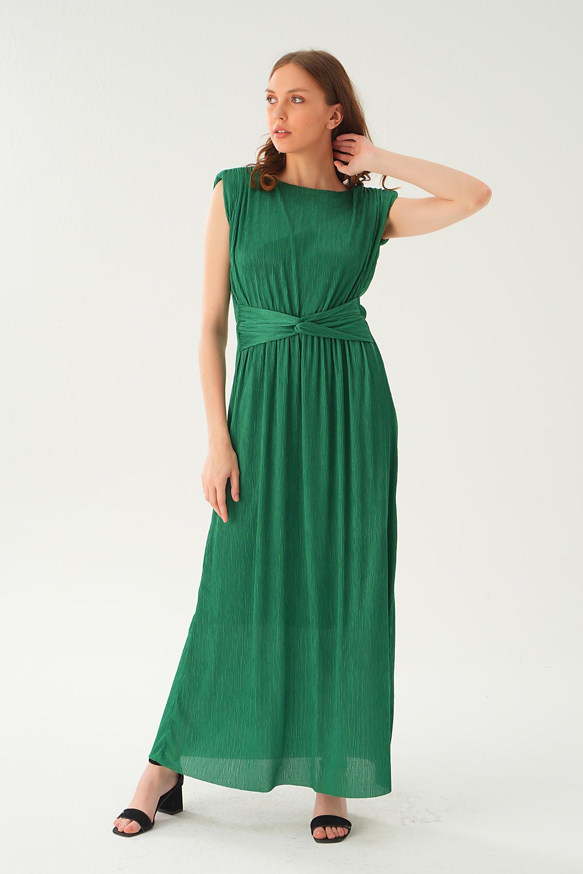 Yeşil Vatka Detay Uzun Elbise 2693 - 5