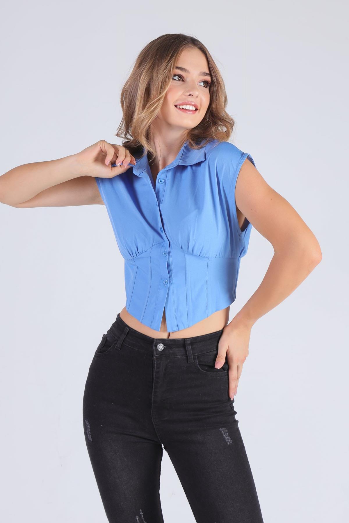 2742 Balenli Sıfır Kol Gömlek Mavi - 4