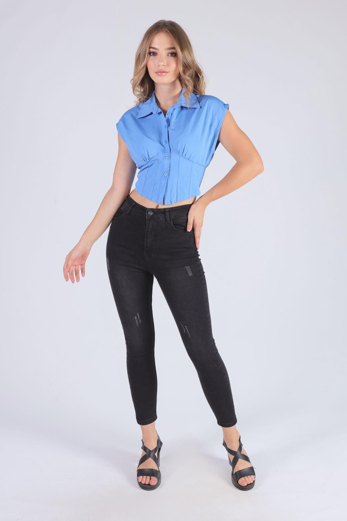 2742 Balenli Sıfır Kol Gömlek Mavi - 2