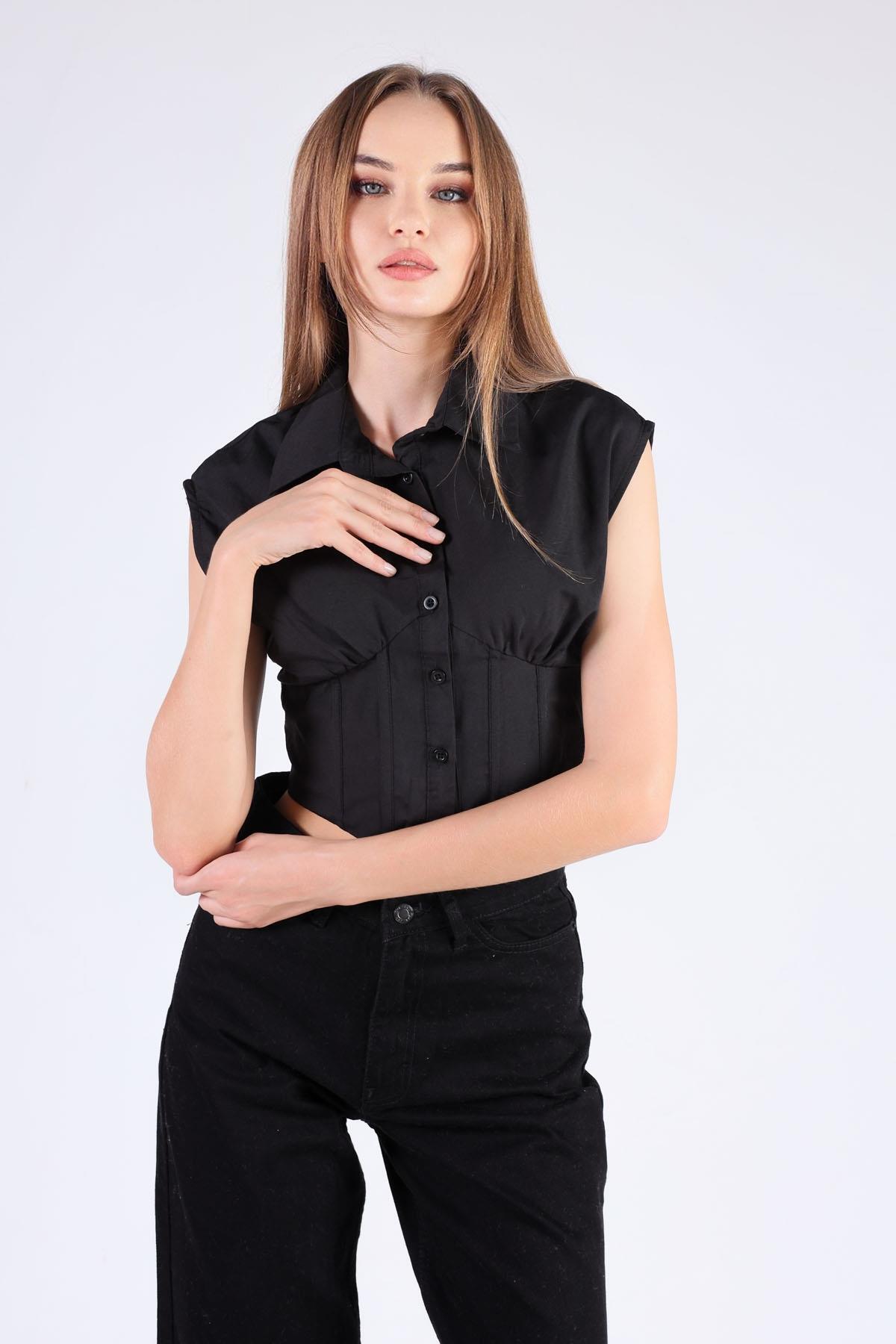 2742 Balenli Sıfır Kol Gömlek Siyah - 1