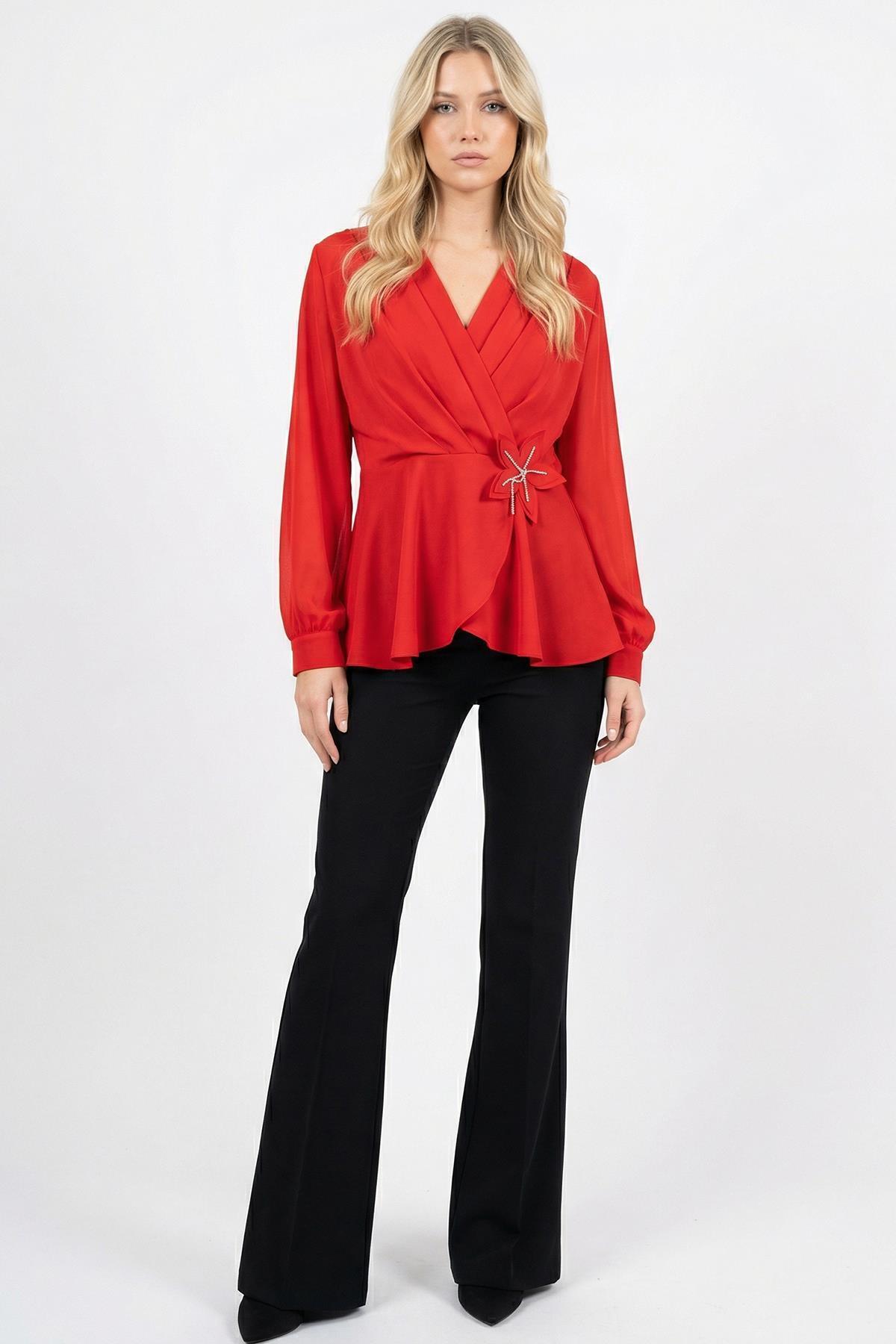 2791 Pens Detay Çiçekli Bluz Kırmızı - RAYS