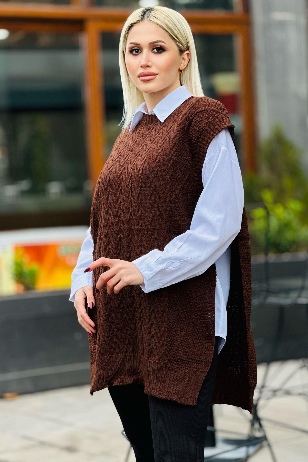 Acı Kahve Yan Bağlamalı Örgü Detay Süveter 280 - 4