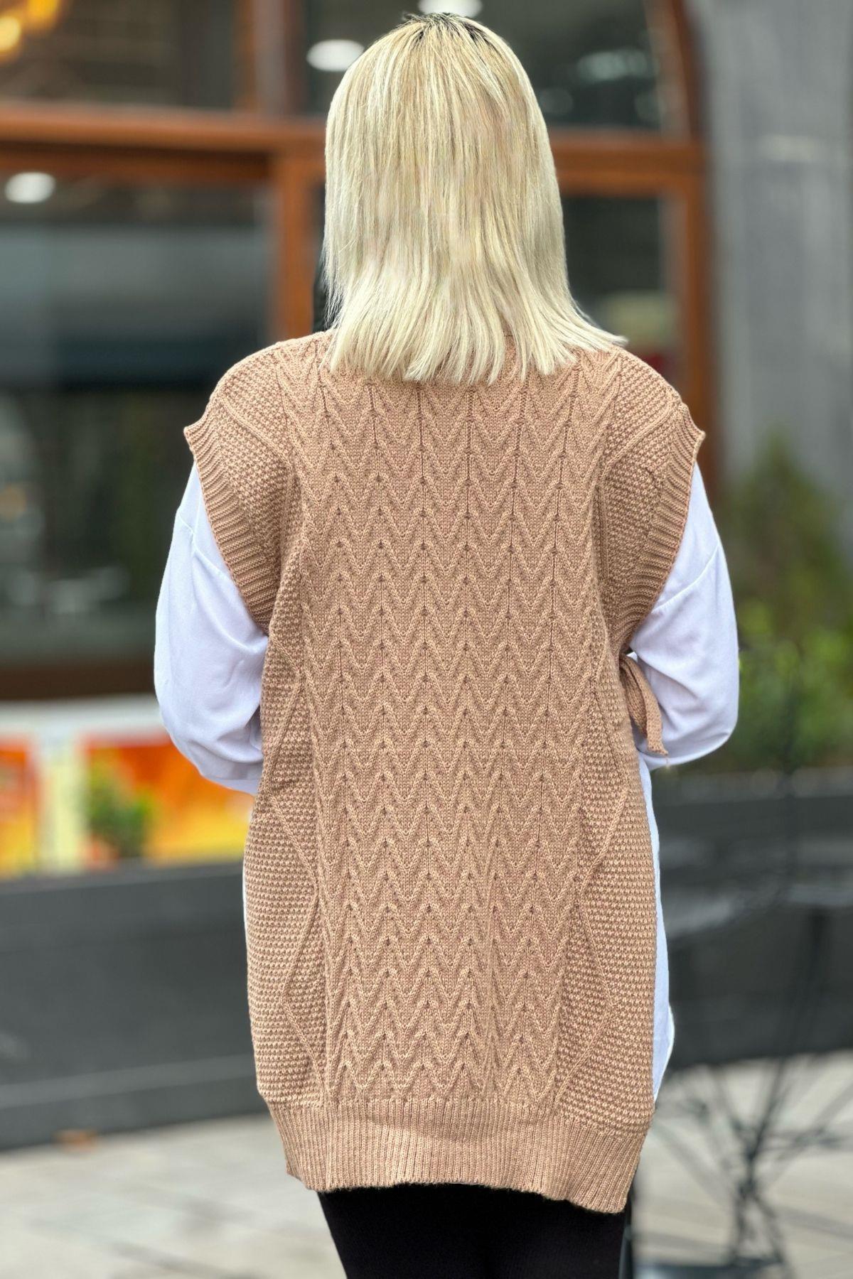 Camel Yan Bağlamalı Örgü Detay Süveter 280 - 2