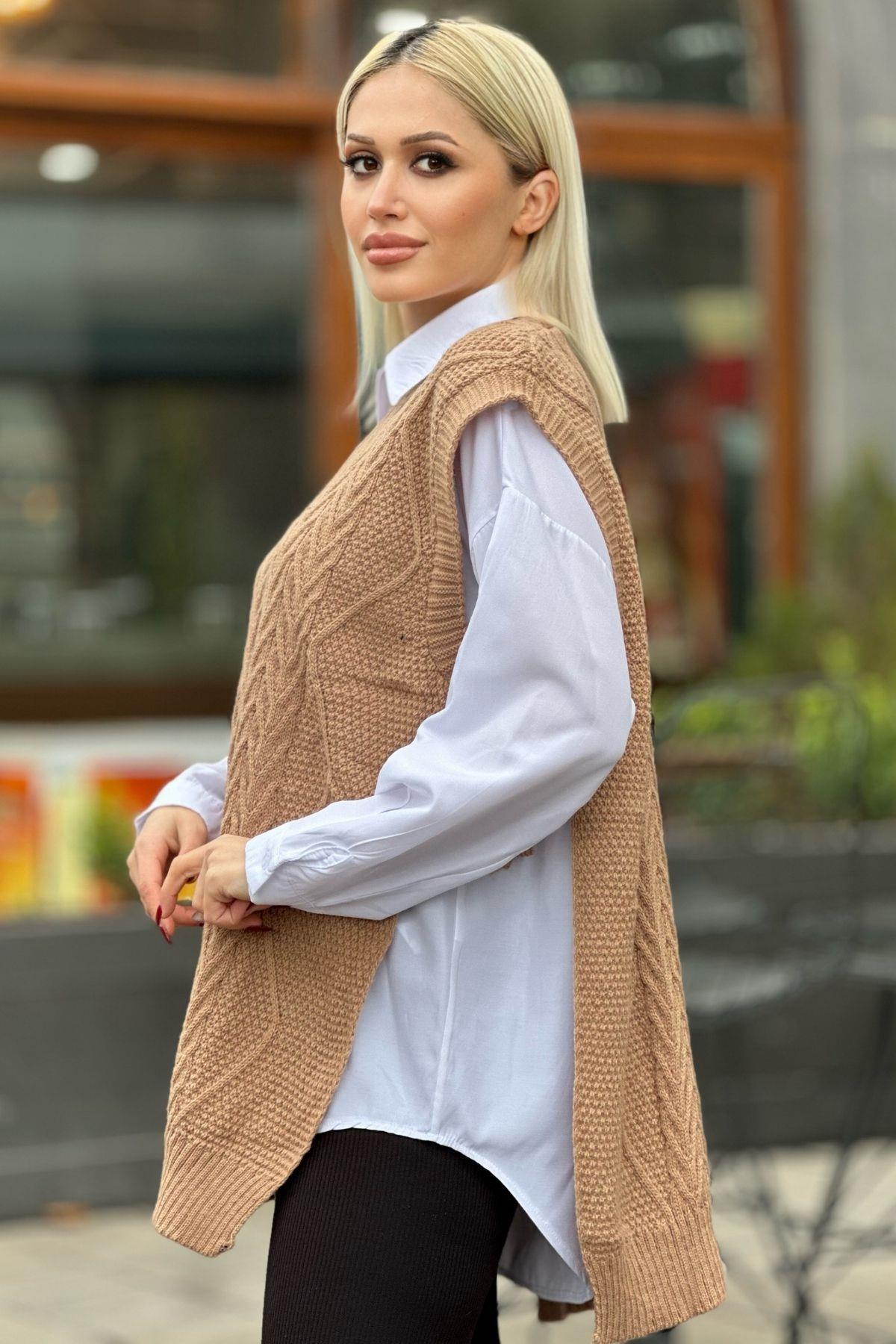 Camel Yan Bağlamalı Örgü Detay Süveter 280 - 3