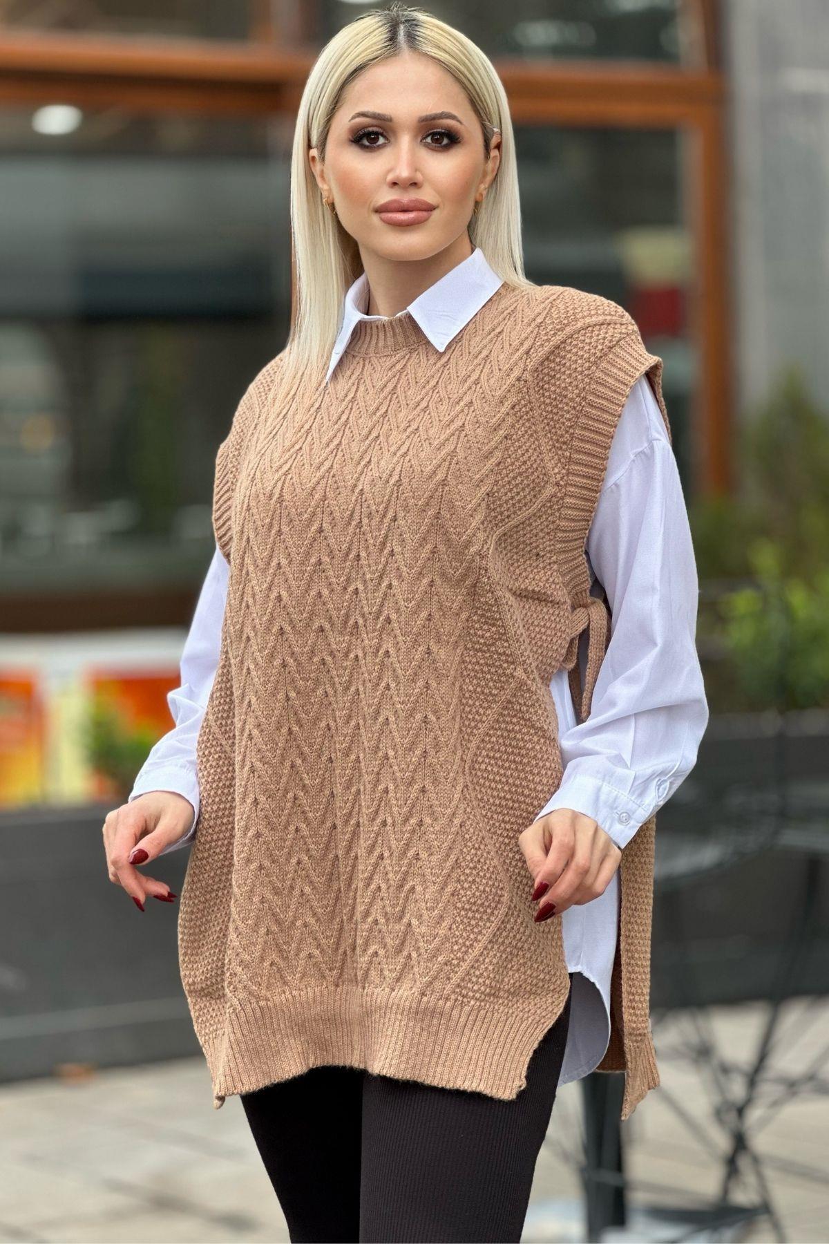 Camel Yan Bağlamalı Örgü Detay Süveter 280 