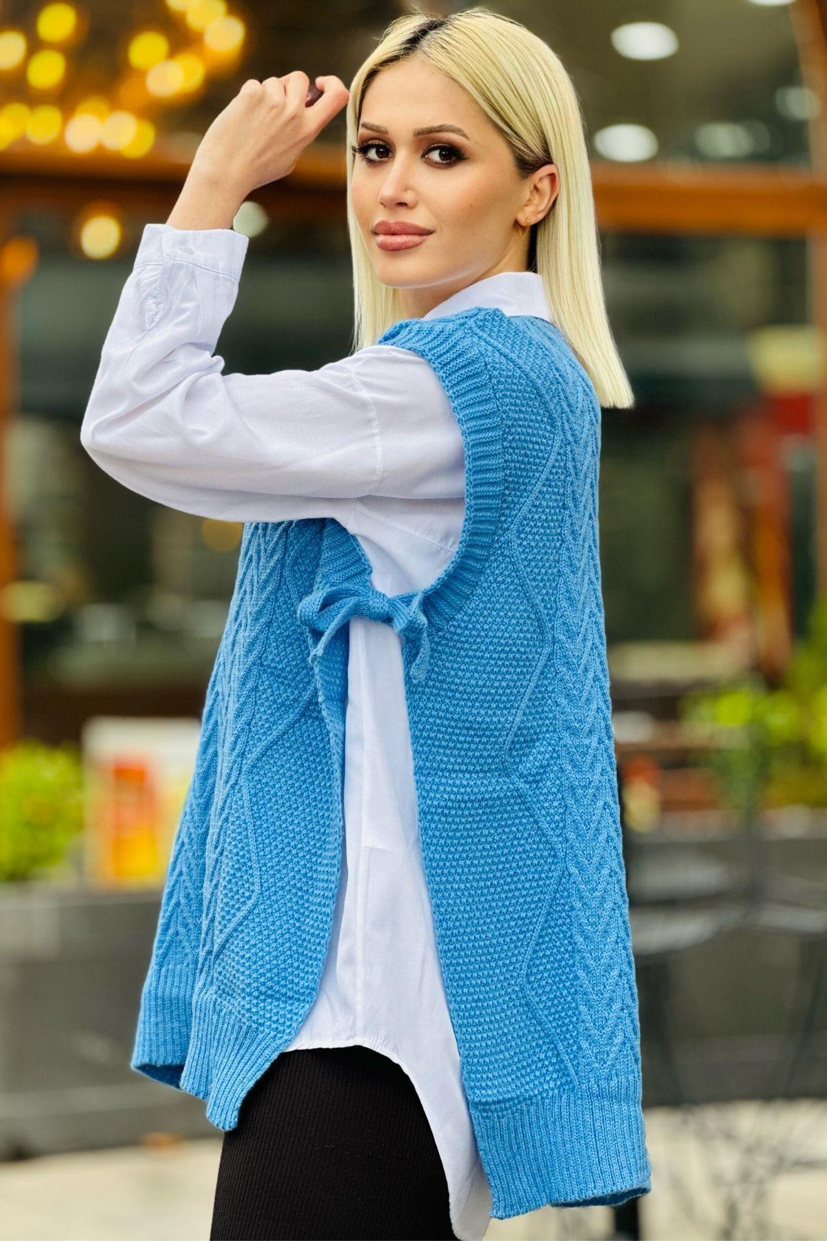 280 Yan Bağlamalı Örgü Detay Süveter Mavi - 4