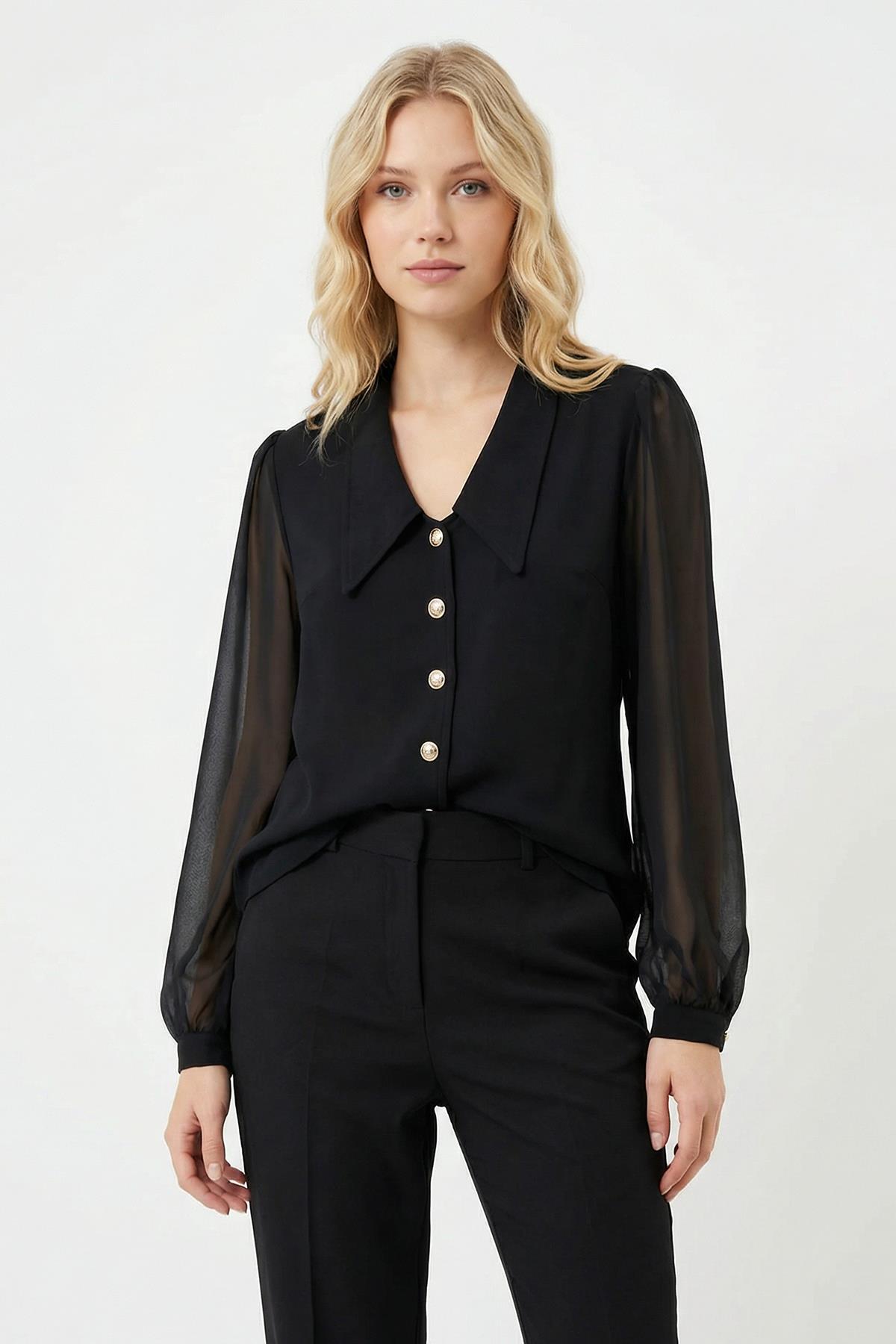 Siyah Düğmeli Tüllü Bluz 2832 