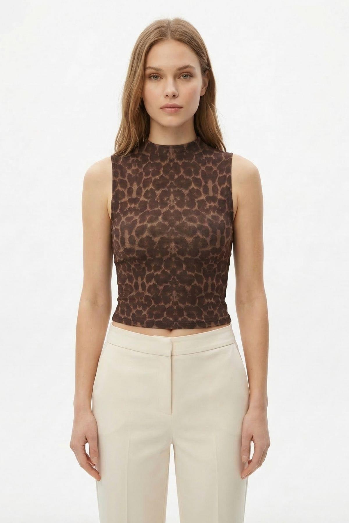 Kahve Sıfır Kol Leopar Desen Bluz 2841 - 2