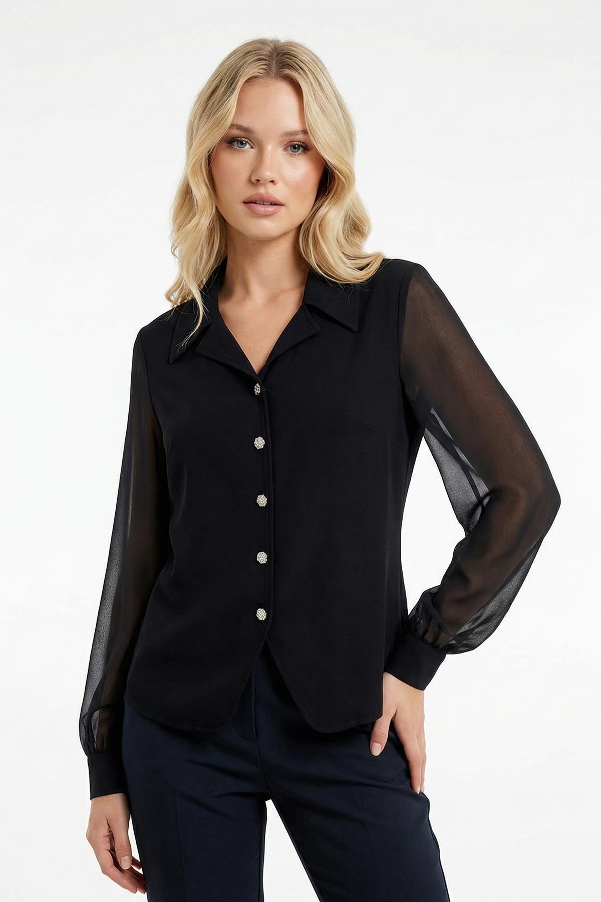 2842 Kol Tüllü Düğmeli Bluz Siyah - RAYS
