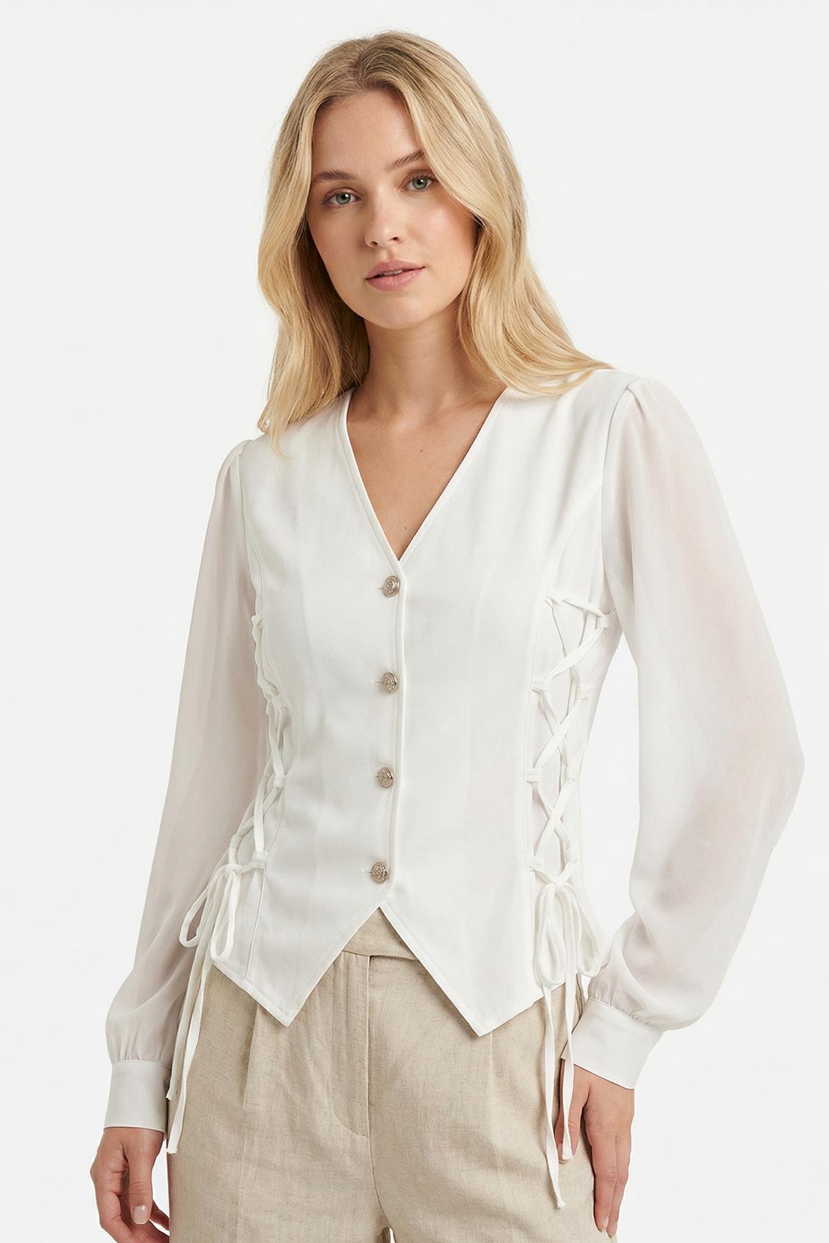 2843 Yandan Bağlamalı Bluz Beyaz - 1