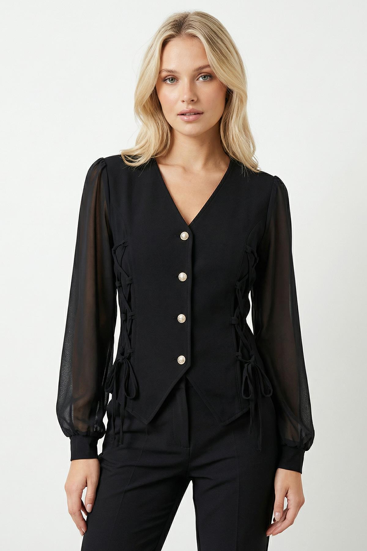 2843 Yandan Bağlamalı Bluz Siyah - RAYS