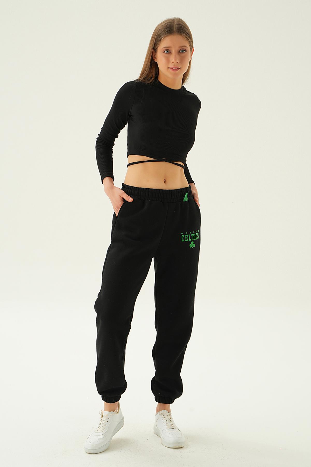 2859 Celtics Nakış Detay Eşofman Siyah 