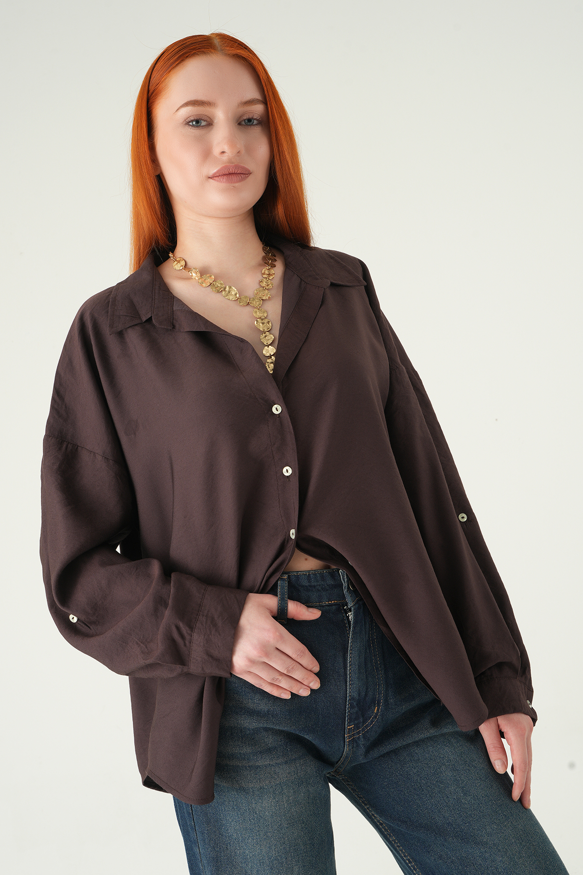 Kahve Oversize Gömlek 2893 - 4