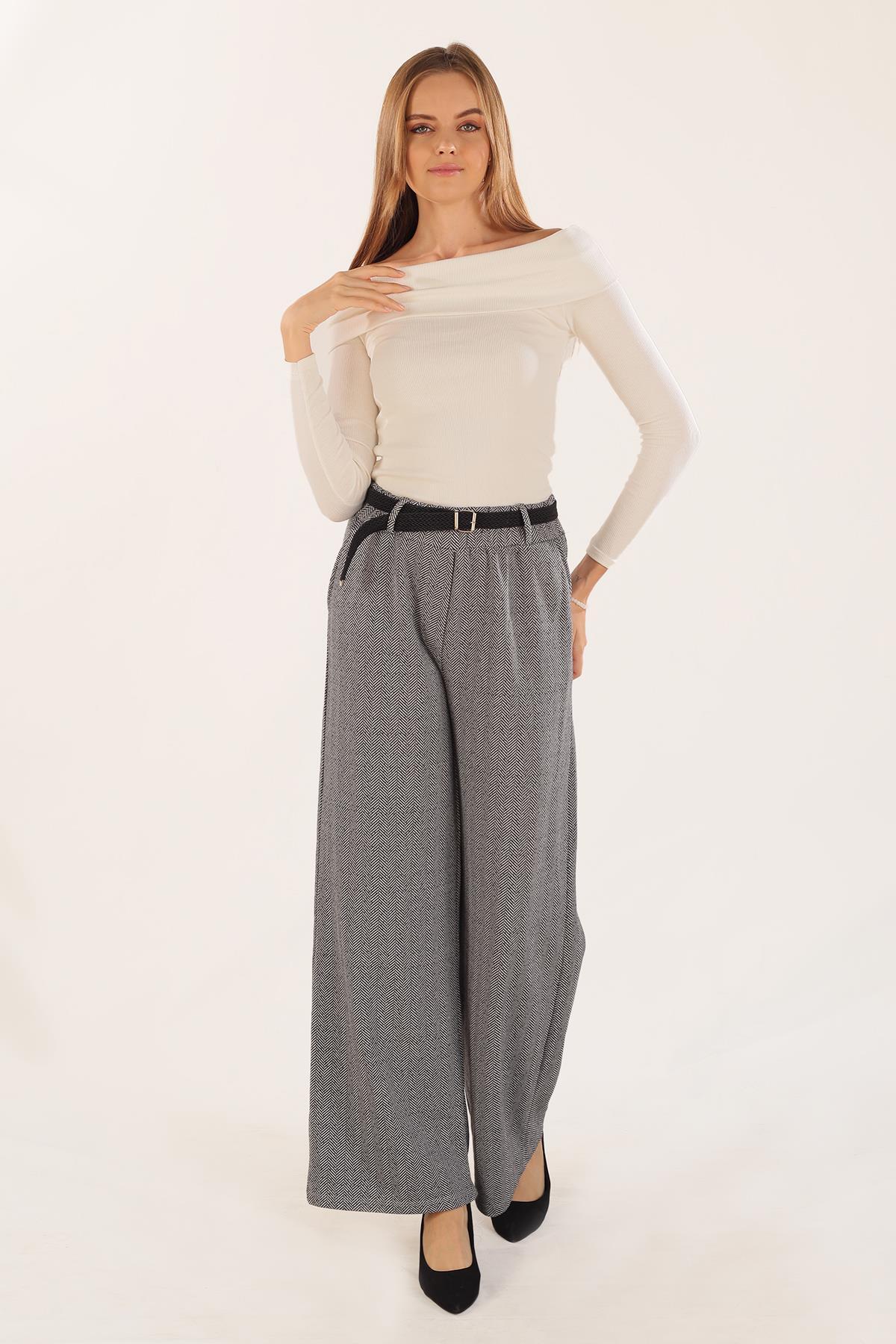 2929 Kemer Detay Bol Paça Pantolon Gri - 2