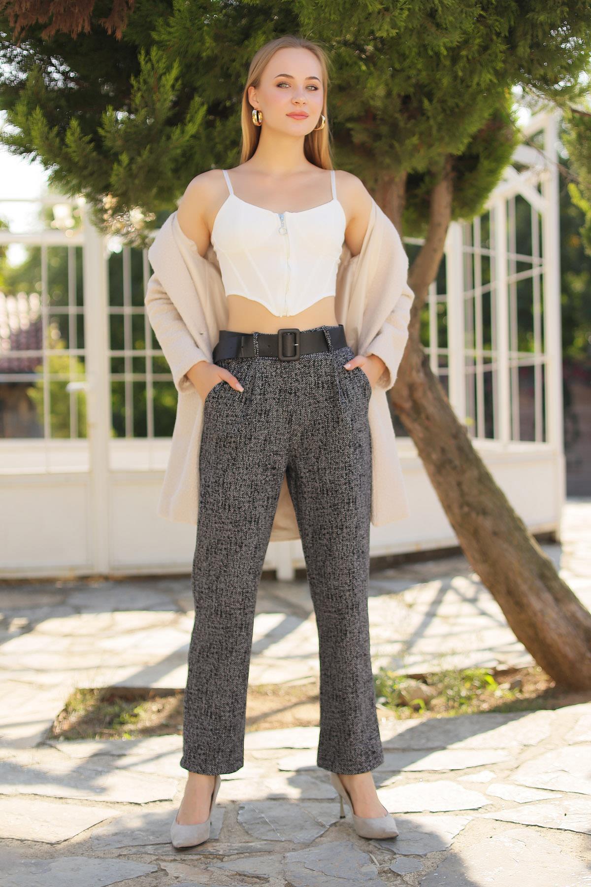 2934 Pile Detay Kemerli Pantolon Antrasit - 1