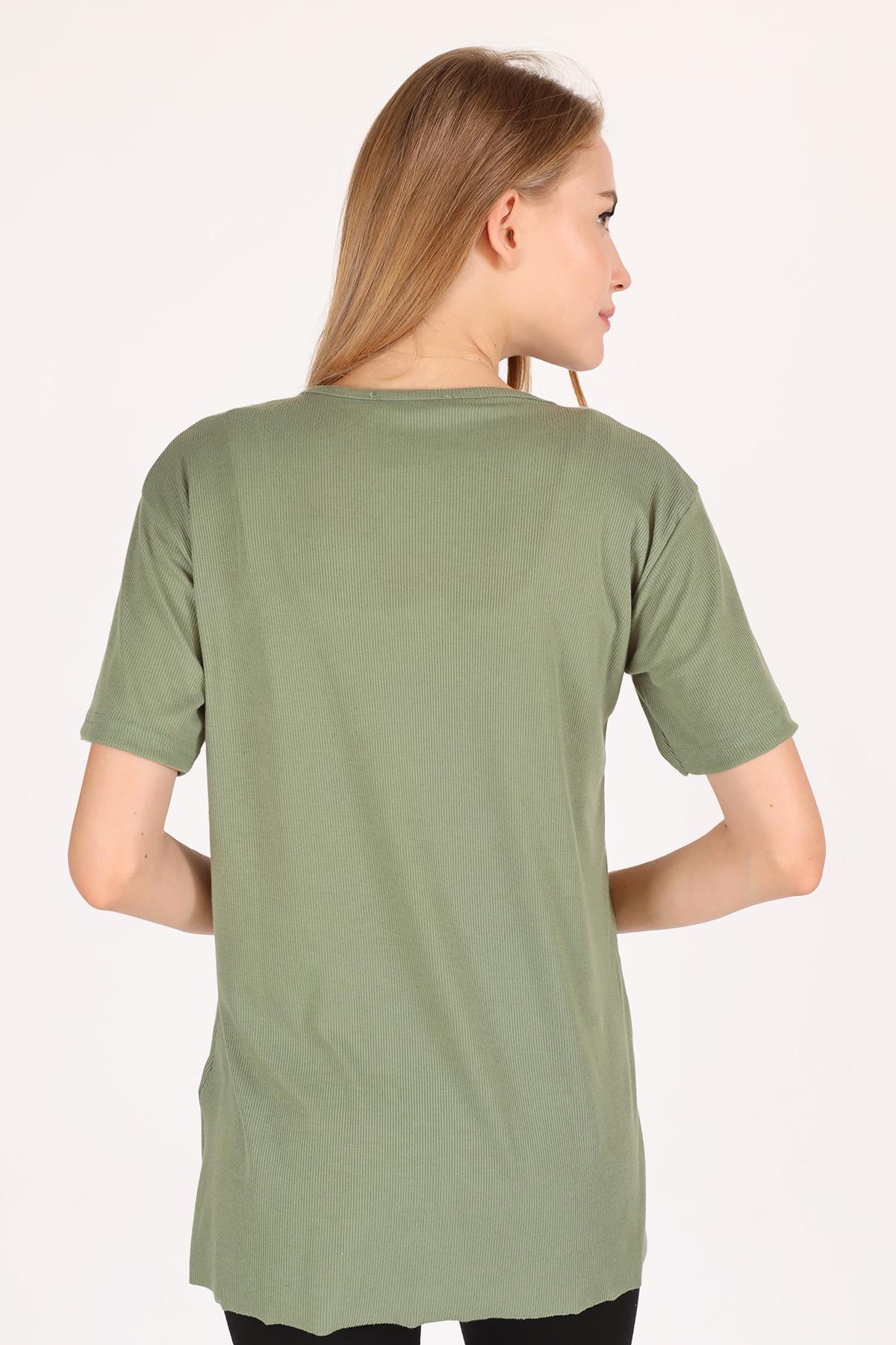 2971 V Yaka Kısa Kol Kaşkorse Tişört Haki - 5