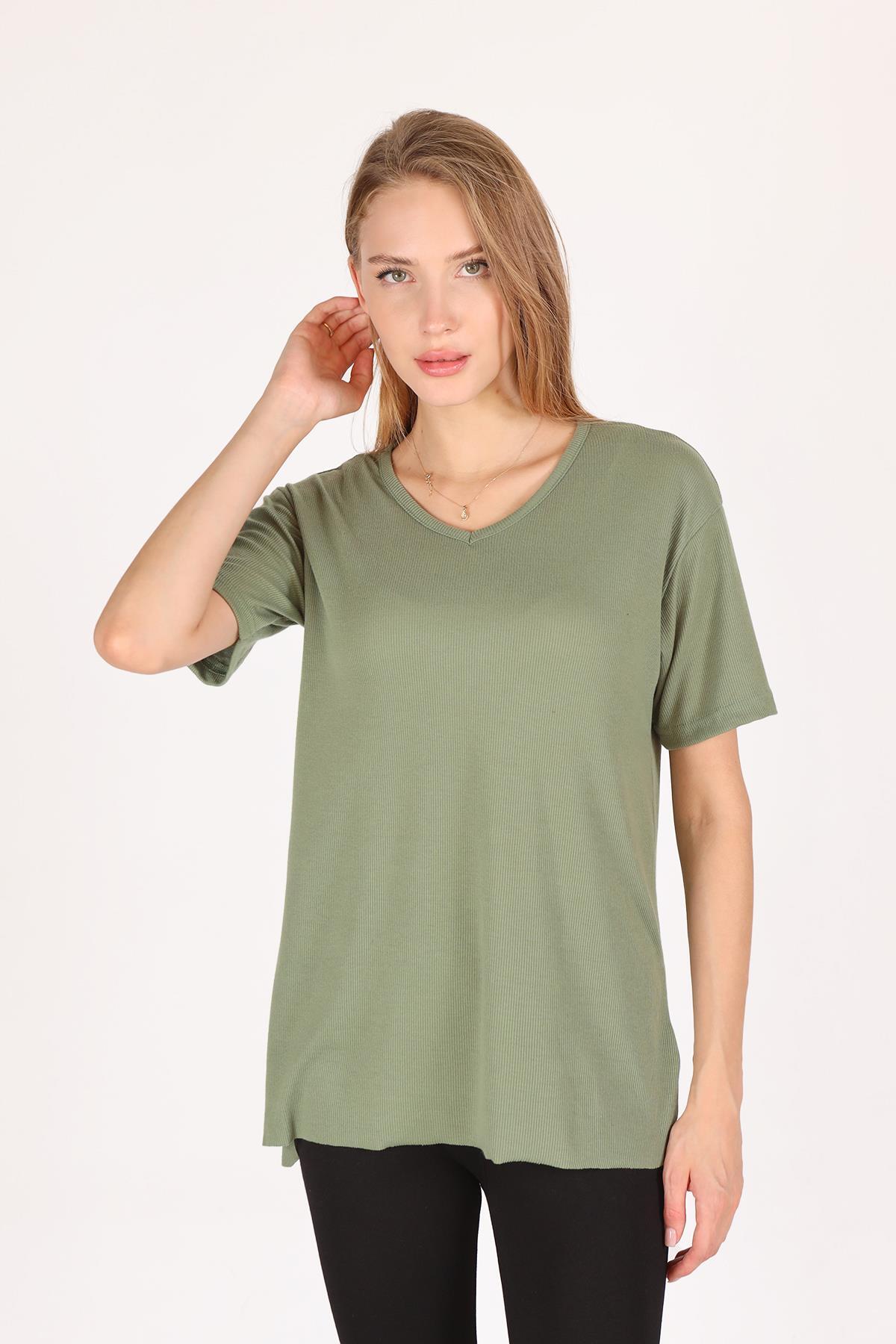 Haki V Yaka Kısa Kol Kaşkorse Tişört 2971 