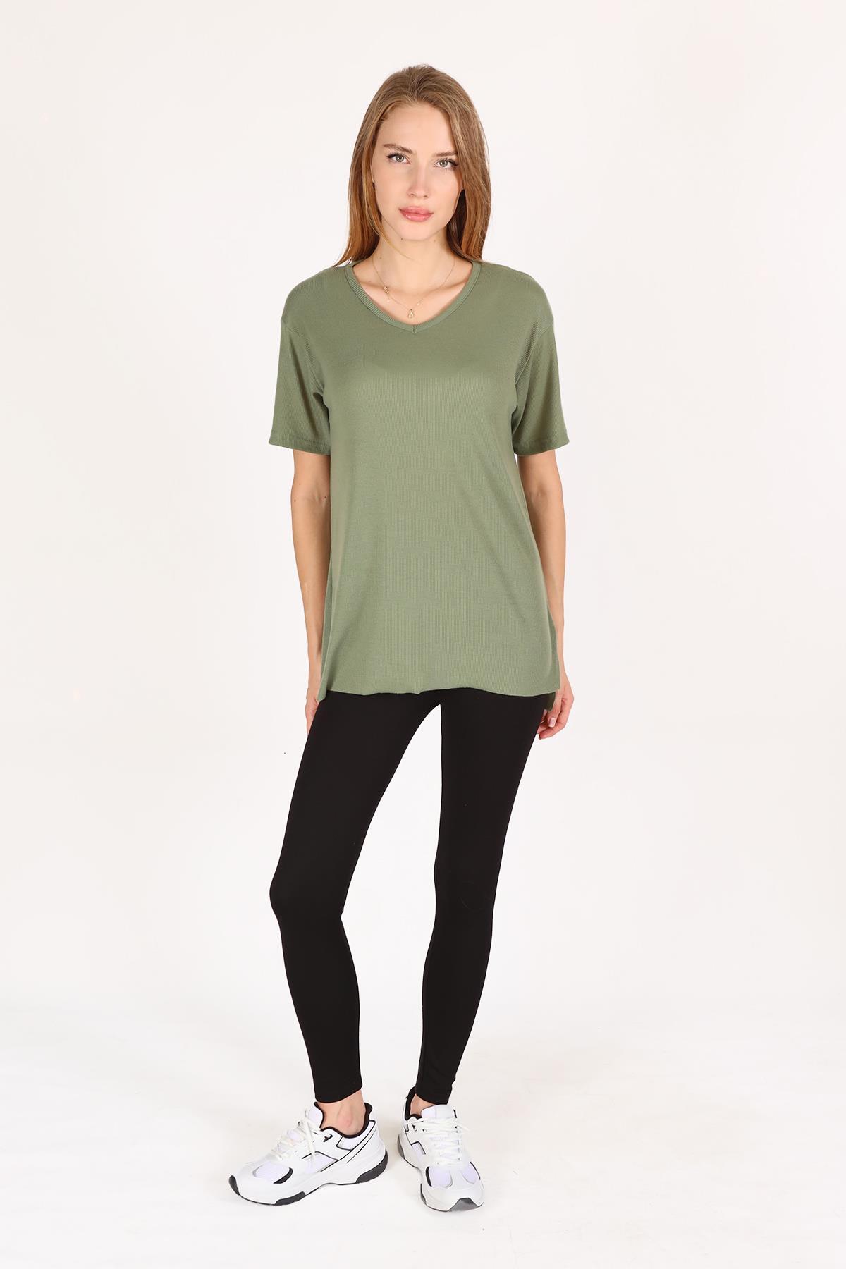 Haki V Yaka Kısa Kol Kaşkorse Tişört 2971 - 2