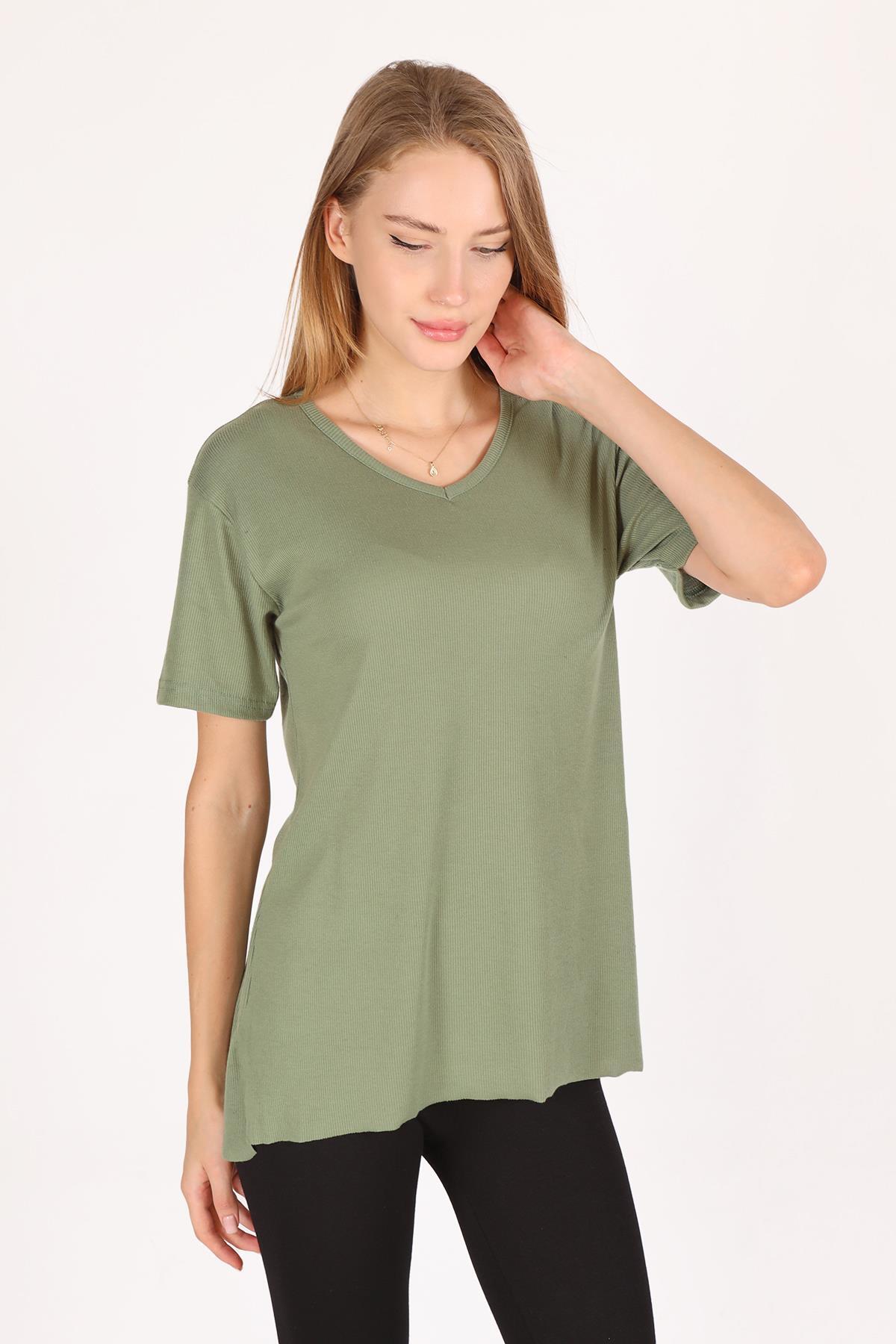 Haki V Yaka Kısa Kol Kaşkorse Tişört 2971 - 3