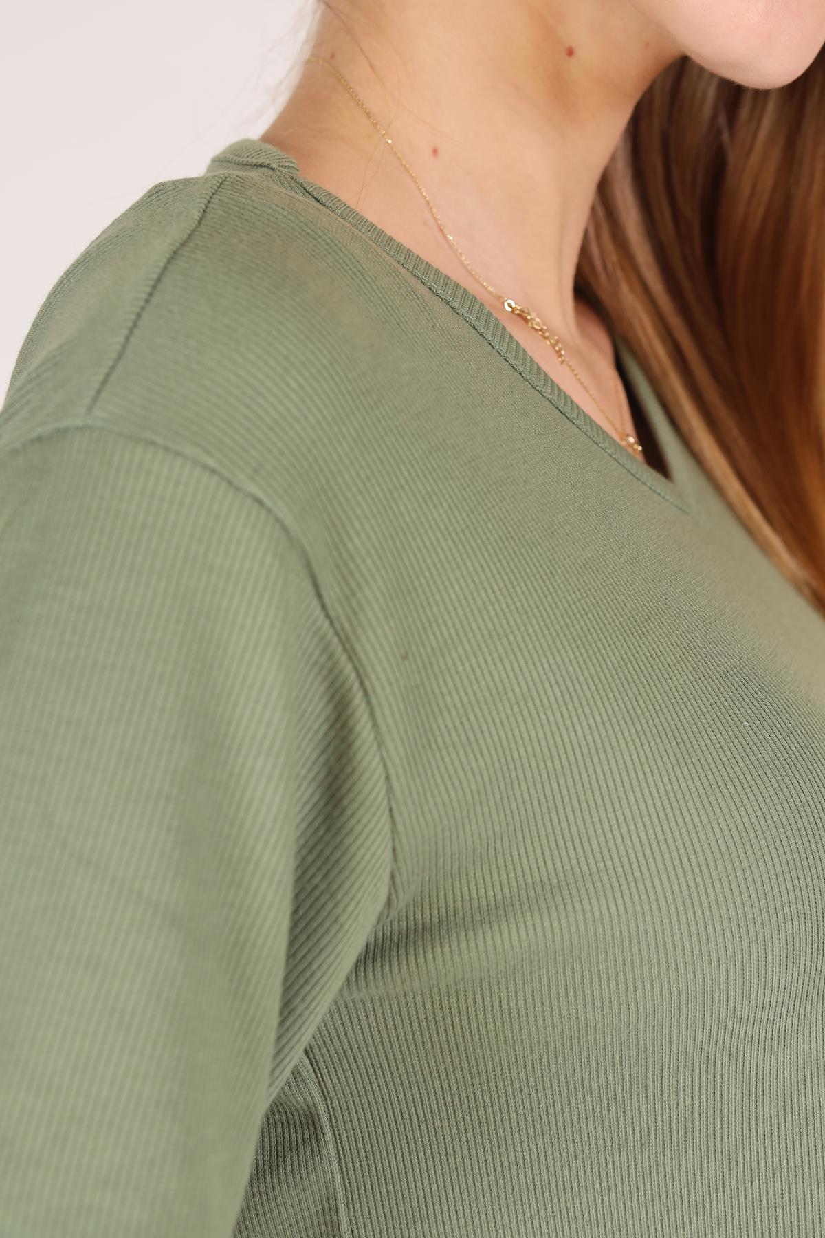 Haki V Yaka Kısa Kol Kaşkorse Tişört 2971 - 4